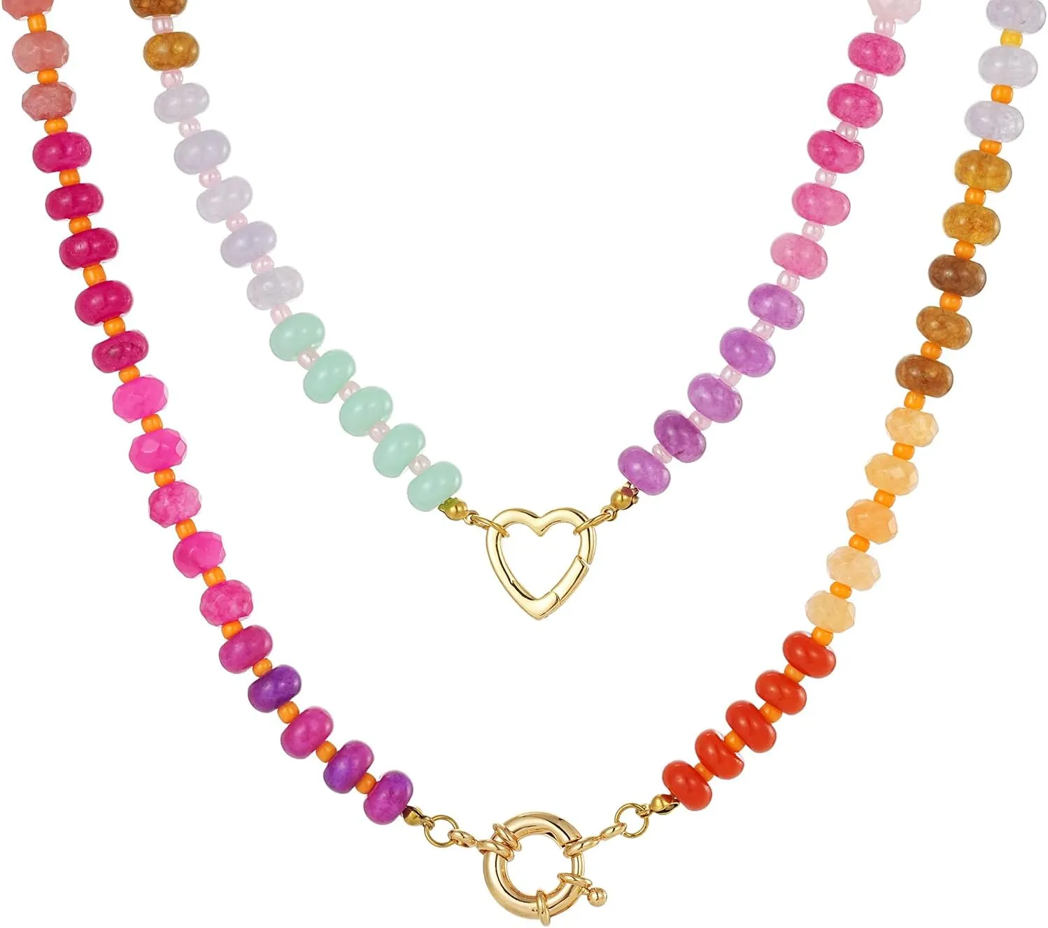 Colorful Boho Bead Choker Necklace for Women,2PC Natural Beaded Gemstone Stone Heart Necklace Surfer Beach Necklaces 14K Gold Plated Summer Handmade Jewelry Gifts