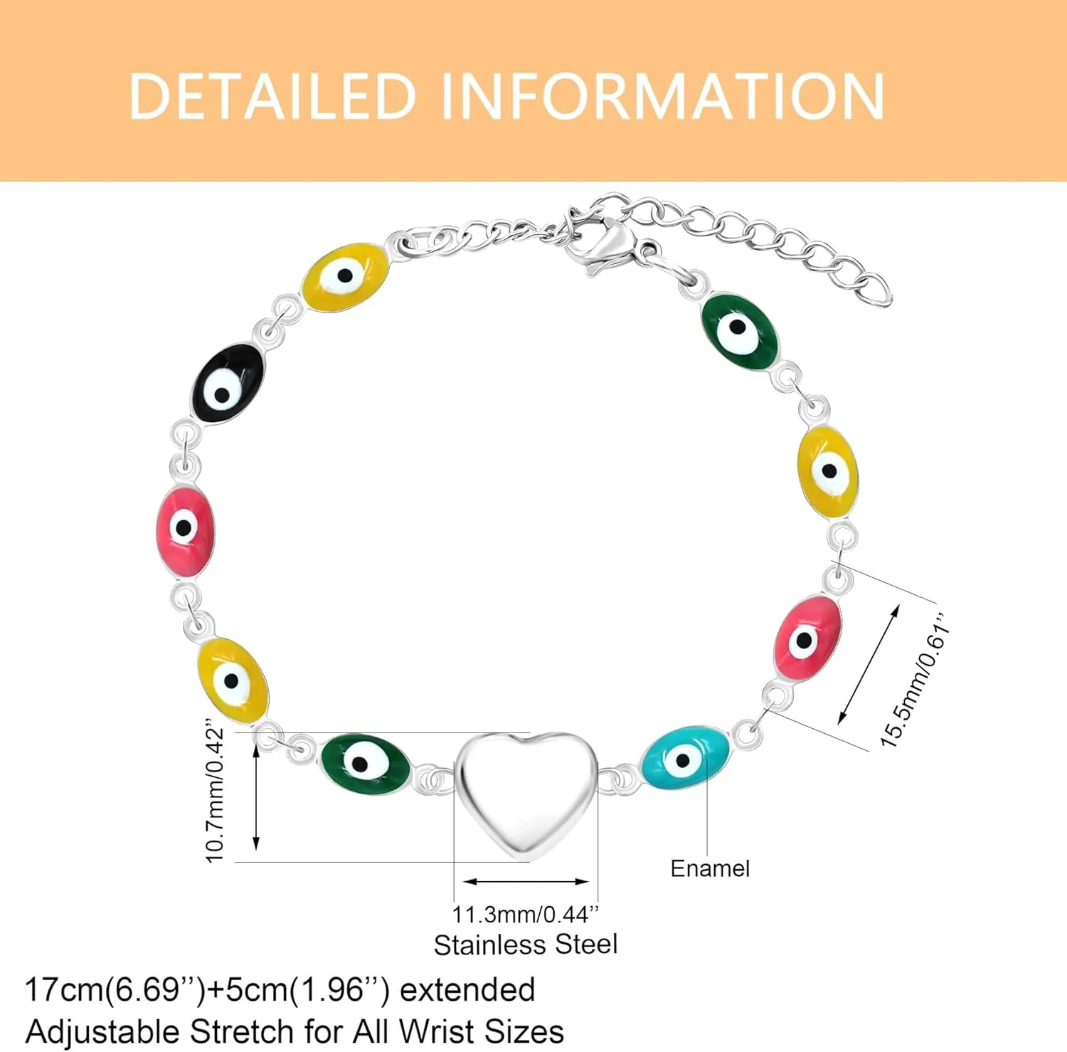 Colorful Enamel Evil Eye Link Chain Bracelets for Birthday Christmas, Platinum/Gold Plated Heart Bracelet for Women YA4680