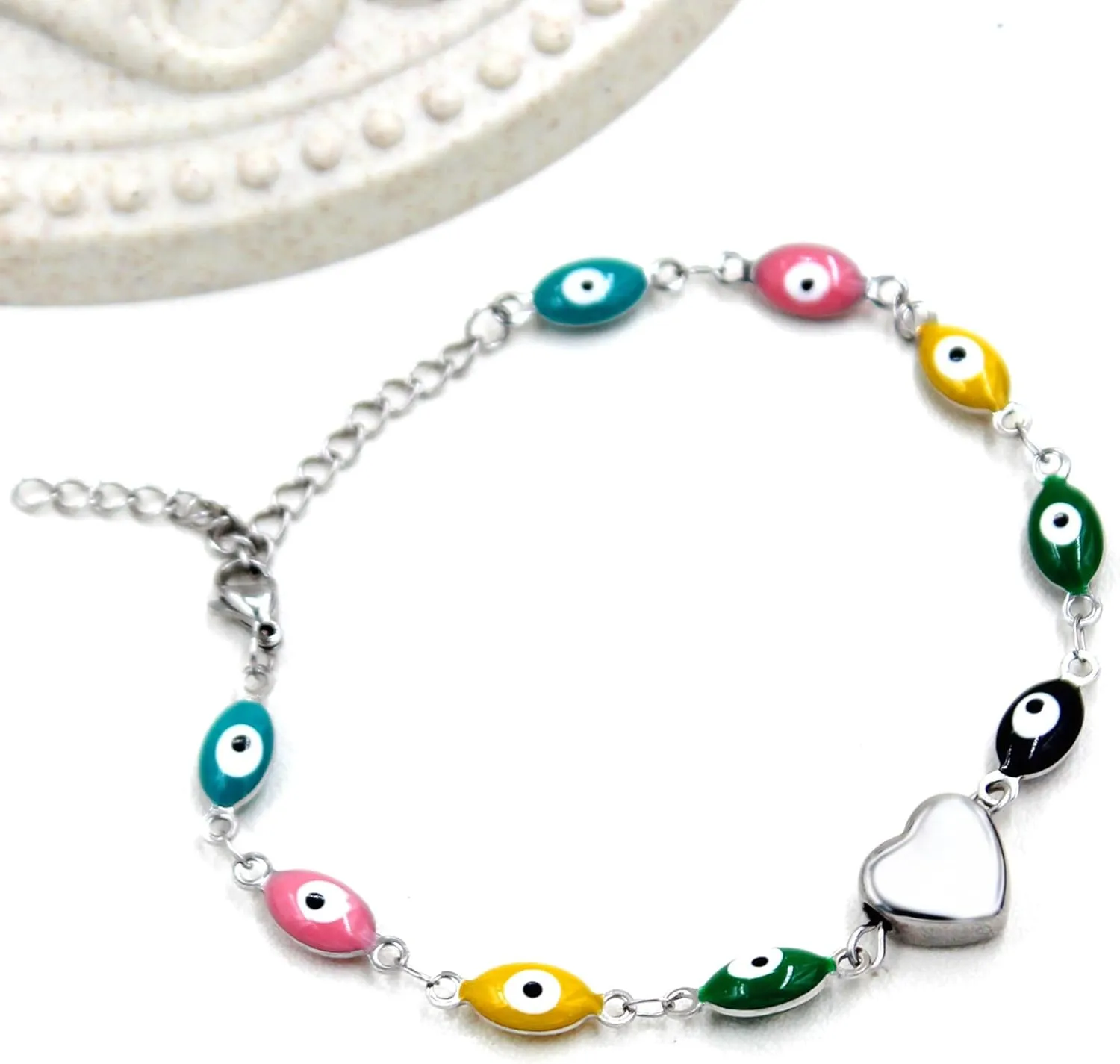 Colorful Enamel Evil Eye Link Chain Bracelets for Birthday Christmas, Platinum/Gold Plated Heart Bracelet for Women YA4680