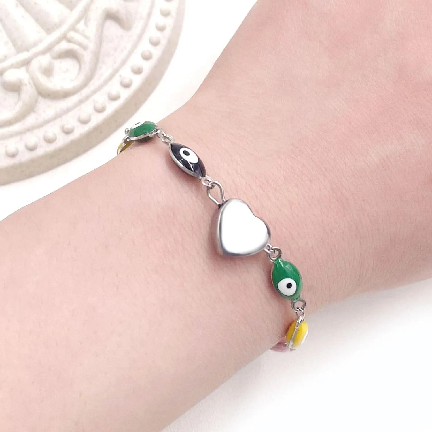Colorful Enamel Evil Eye Link Chain Bracelets for Birthday Christmas, Platinum/Gold Plated Heart Bracelet for Women YA4680