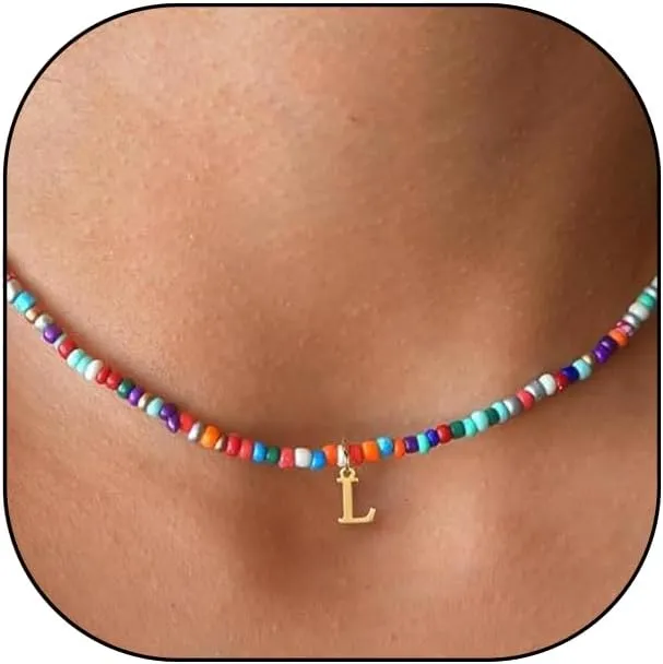 Colorful Initial Cute Necklaces for Girls - Trendy Beaded Choker Necklace for Women Teen Girl, Handmade Letter Choker Necklace Jewelry for Women Girls Gifts