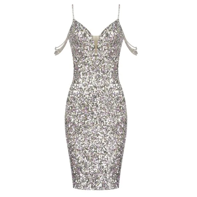 Colorful Sequin Beaded Off Shoulder Design Tight Dress