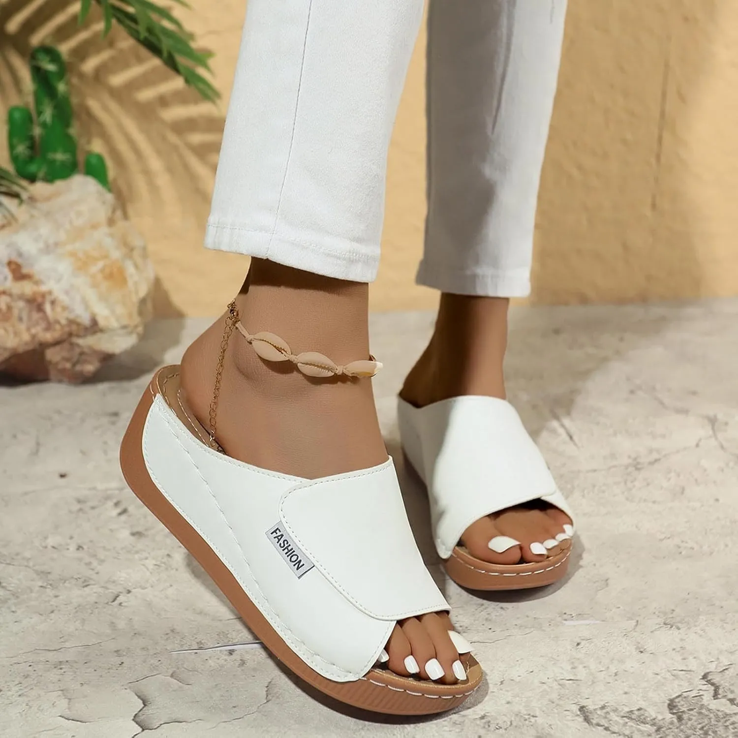 Comfortable Arch Support Slides Women 2025 Summer Orthotic Leather Platform Wedge Sandals Slip on Casual Walking Shoes