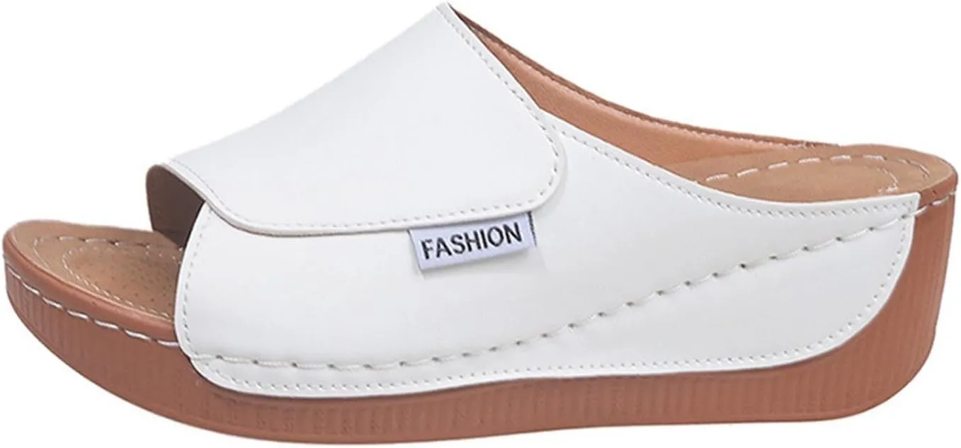 Comfortable Arch Support Slides Women 2025 Summer Orthotic Leather Platform Wedge Sandals Slip on Casual Walking Shoes