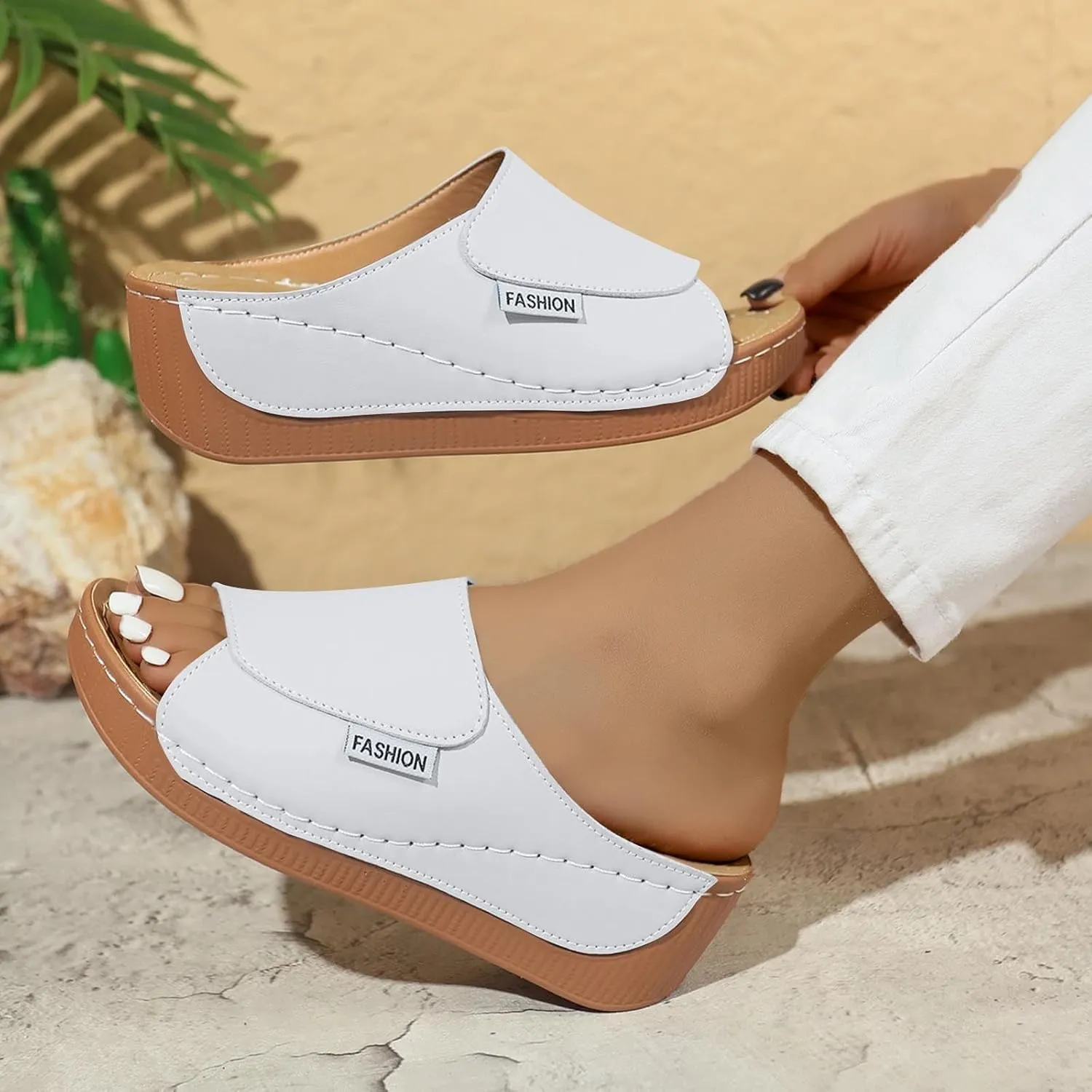 Comfortable Arch Support Slides Women 2025 Summer Orthotic Leather Platform Wedge Sandals Slip on Casual Walking Shoes