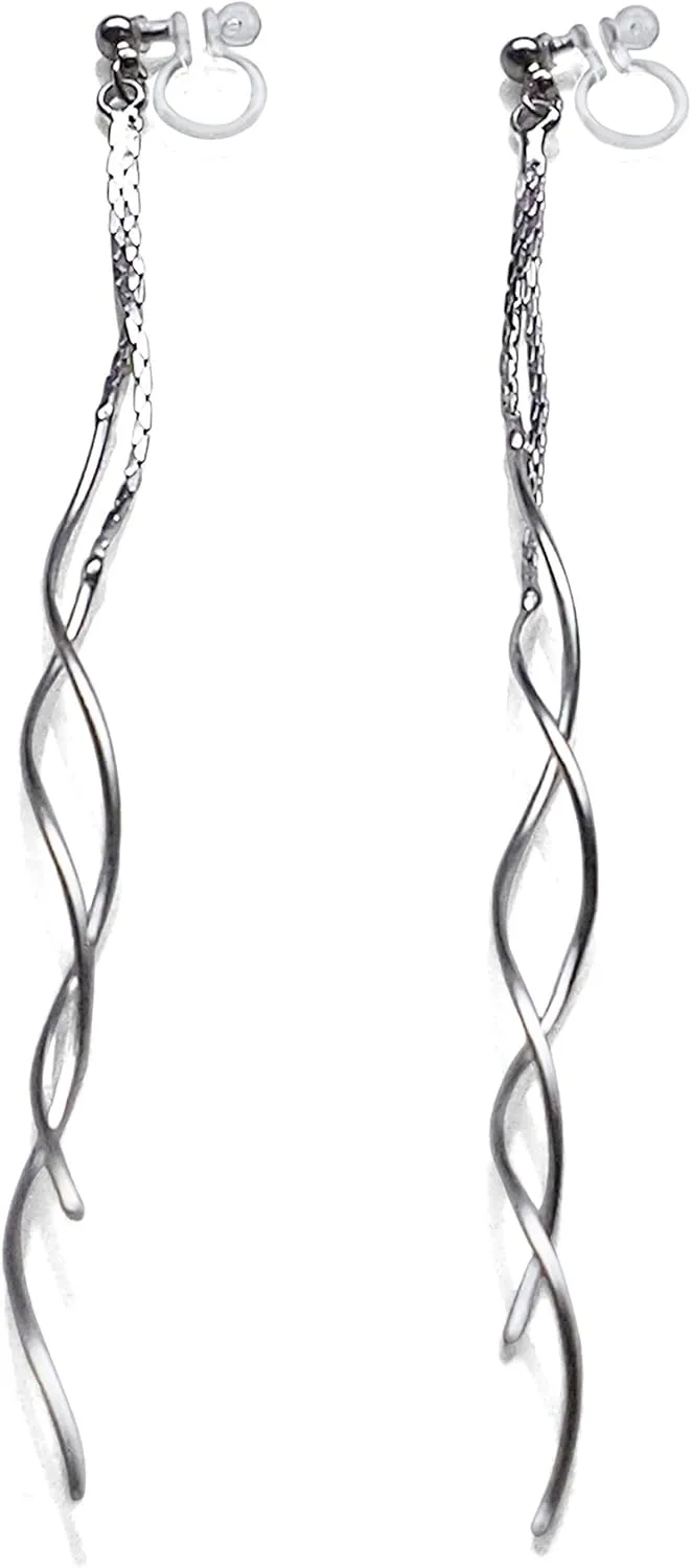 Comfortable Stick Invisible Clip On Earrings Gold Dangle Long Waved Threader Bar Clip-On Non Pierced Earrings Silver For Women, Miyabi Grace