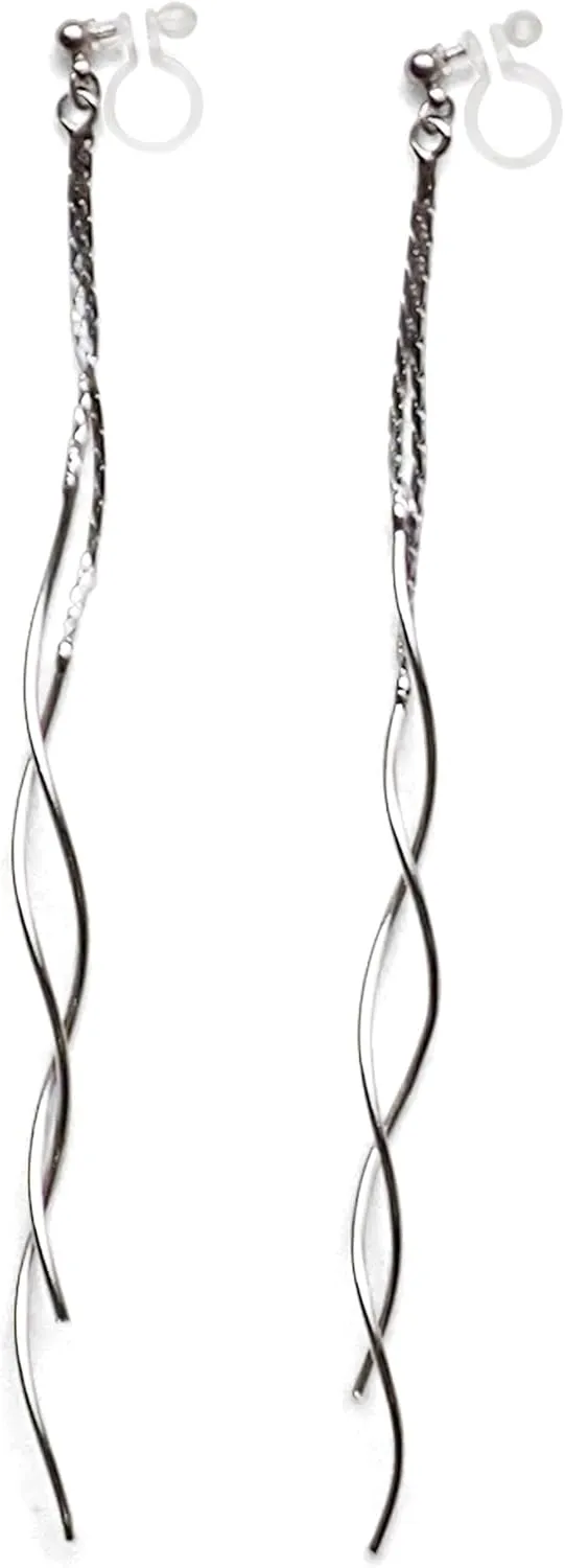 Comfortable Stick Invisible Clip On Earrings Gold Dangle Long Waved Threader Bar Clip-On Non Pierced Earrings Silver For Women, Miyabi Grace