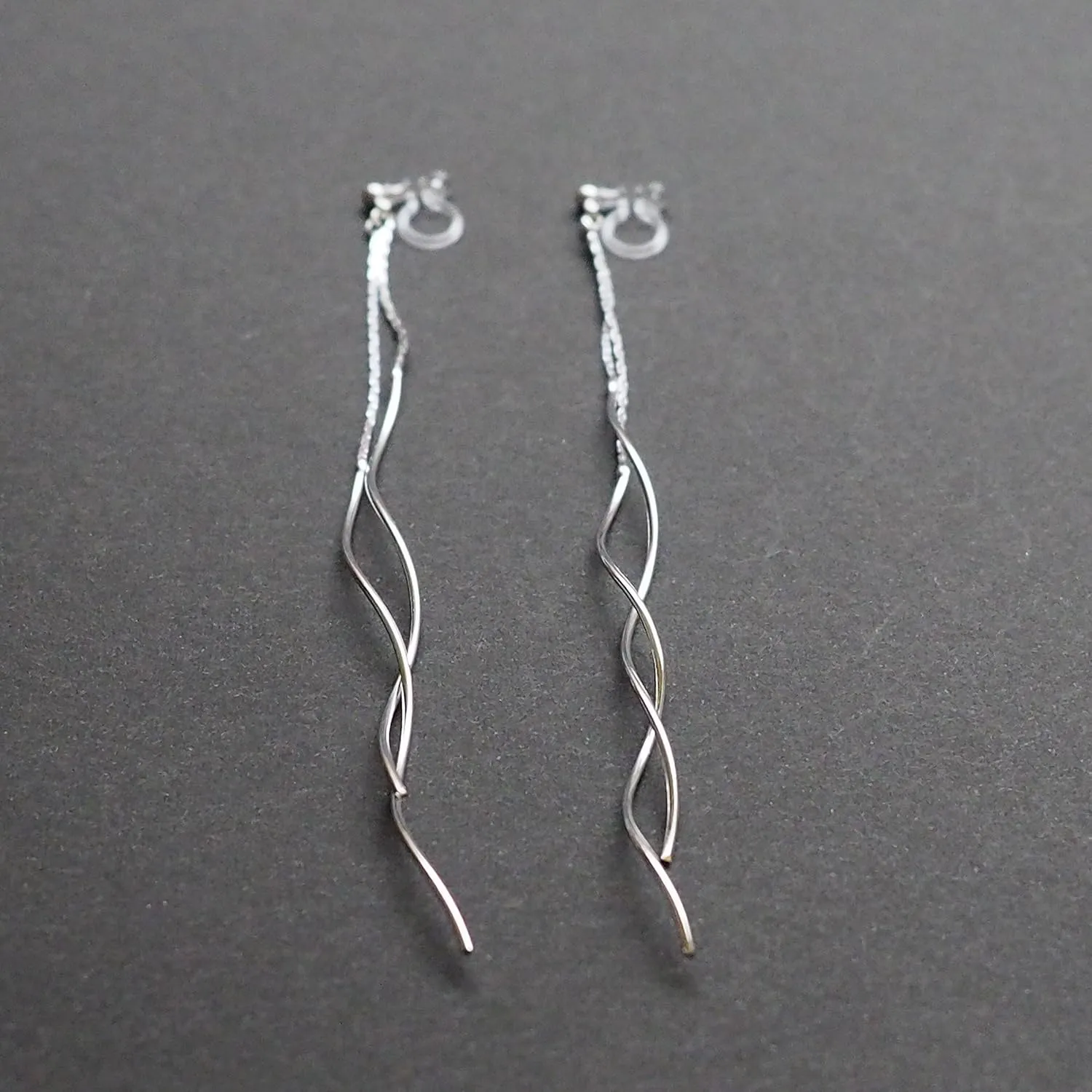 Comfortable Stick Invisible Clip On Earrings Gold Dangle Long Waved Threader Bar Clip-On Non Pierced Earrings Silver For Women, Miyabi Grace