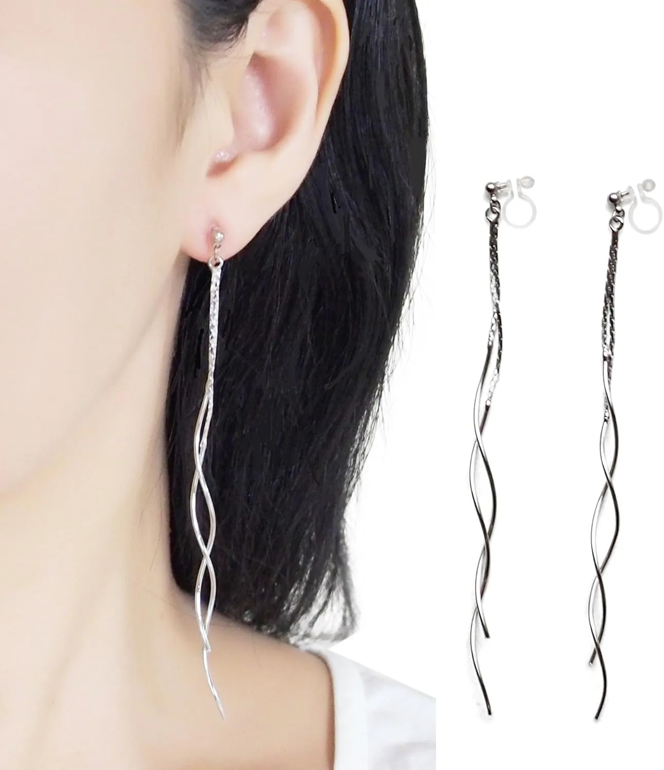 Comfortable Stick Invisible Clip On Earrings Gold Dangle Long Waved Threader Bar Clip-On Non Pierced Earrings Silver For Women, Miyabi Grace