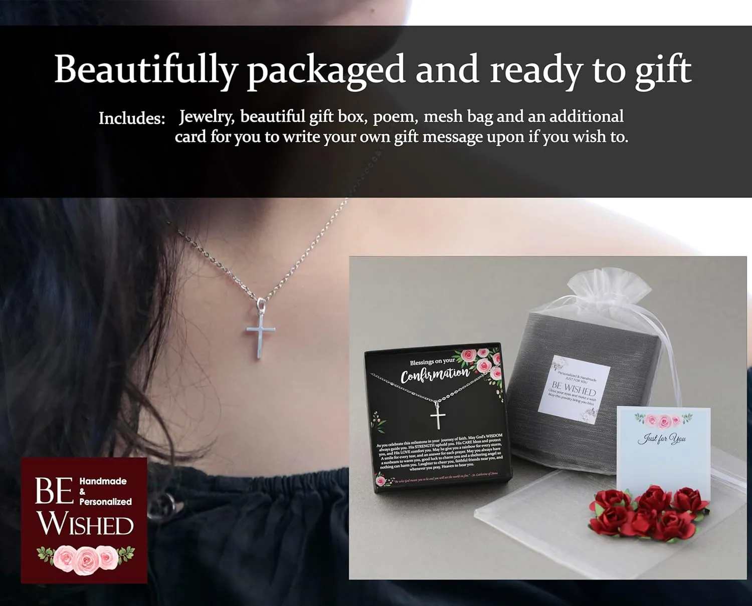Confirmation Gifts for Girls, 925 Sterling Silver Cross Necklace with Meaningful Message