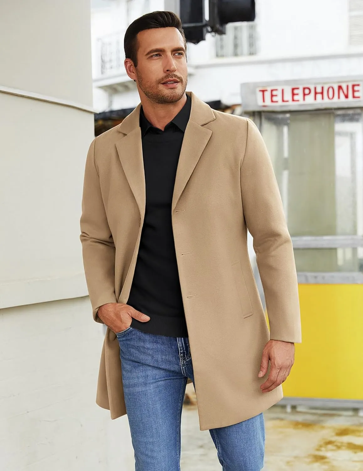 COOFANDY Mens Wool Blend Coat Winter Trench Coats Notched Lapel Collar Single Breasted Overcoat Classic Peacoat With Pockets