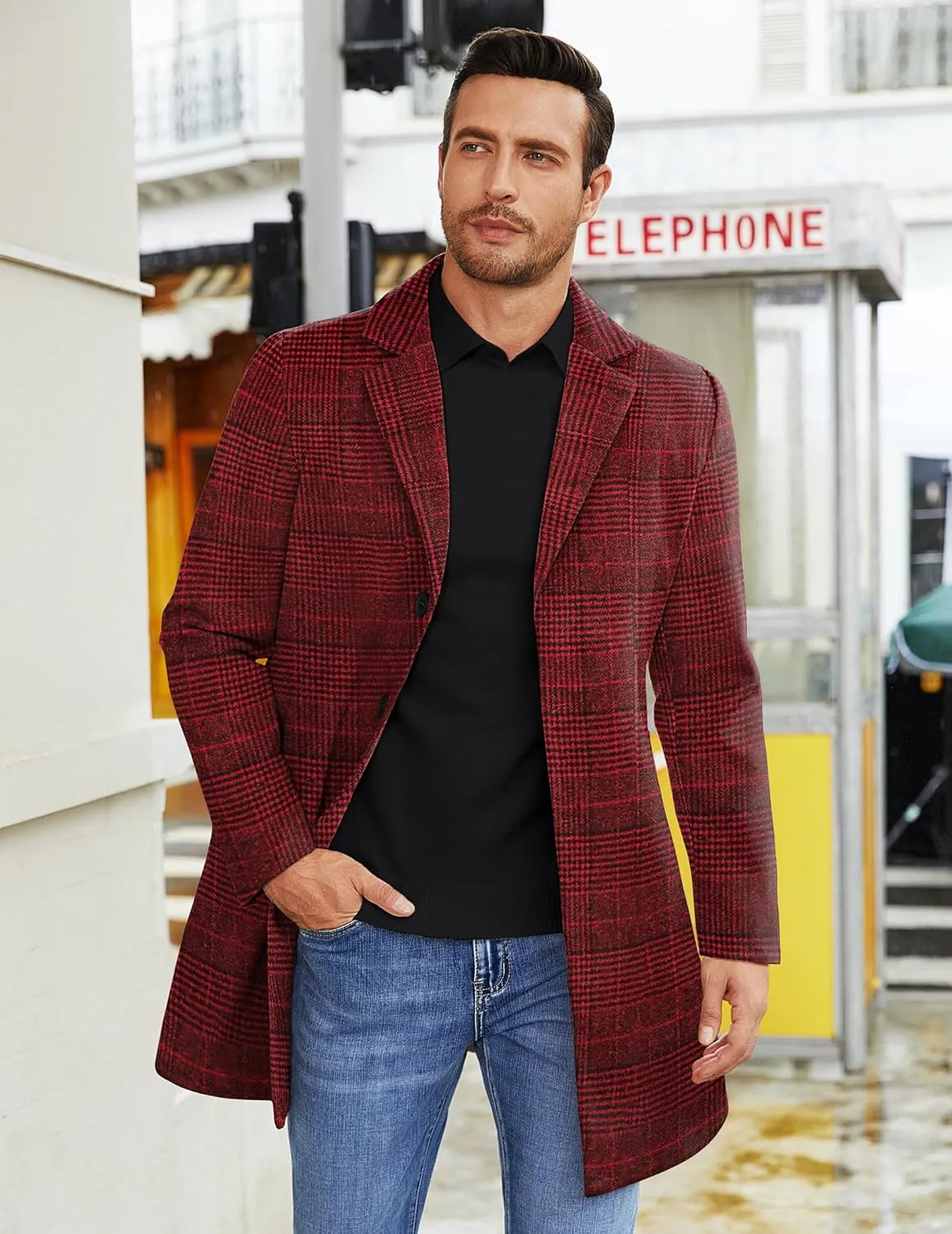 COOFANDY Mens Wool Blend Coat Winter Trench Coats Notched Lapel Collar Single Breasted Overcoat Classic Peacoat With Pockets