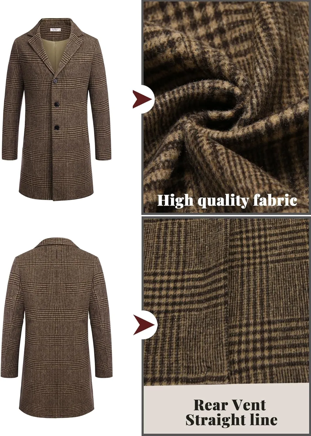 COOFANDY Mens Wool Blend Coat Winter Trench Coats Notched Lapel Collar Single Breasted Overcoat Classic Peacoat With Pockets