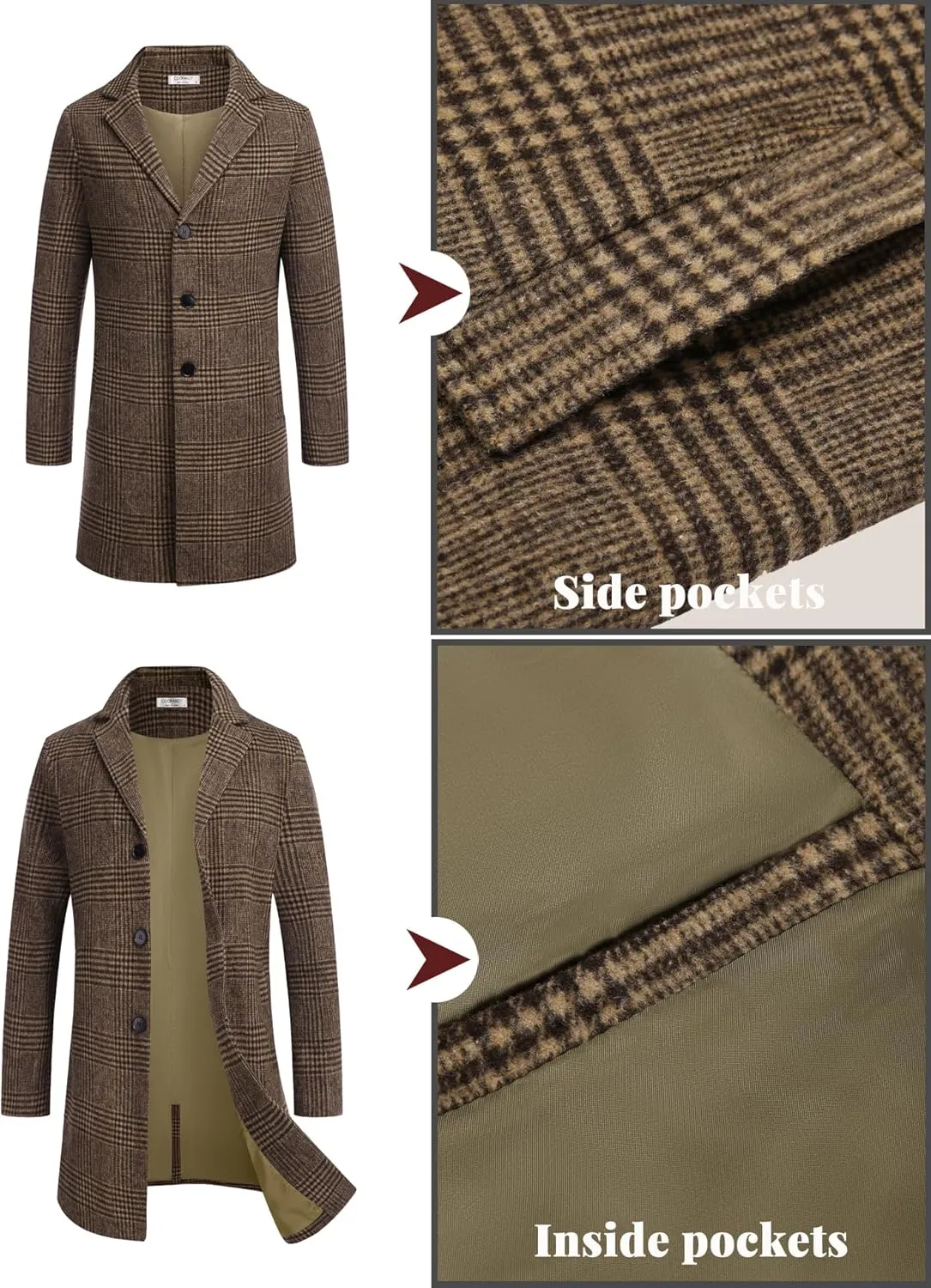 COOFANDY Mens Wool Blend Coat Winter Trench Coats Notched Lapel Collar Single Breasted Overcoat Classic Peacoat With Pockets