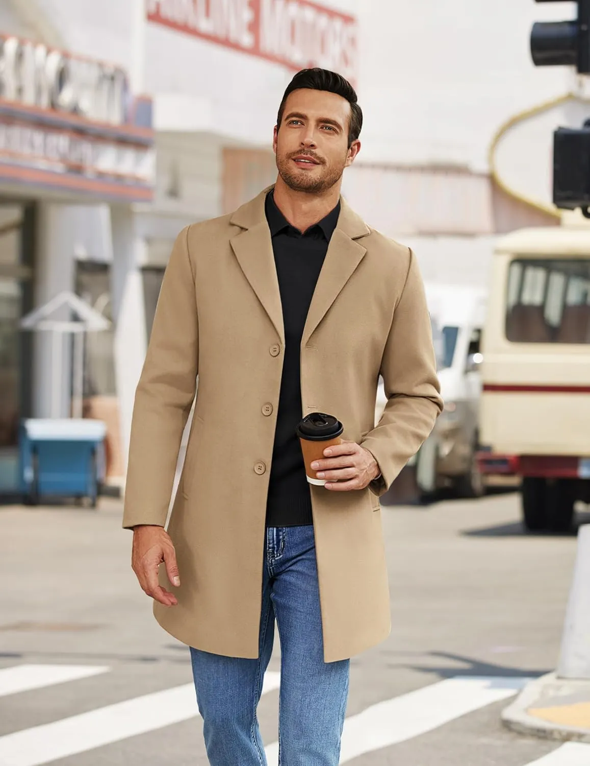 COOFANDY Mens Wool Blend Coat Winter Trench Coats Notched Lapel Collar Single Breasted Overcoat Classic Peacoat With Pockets