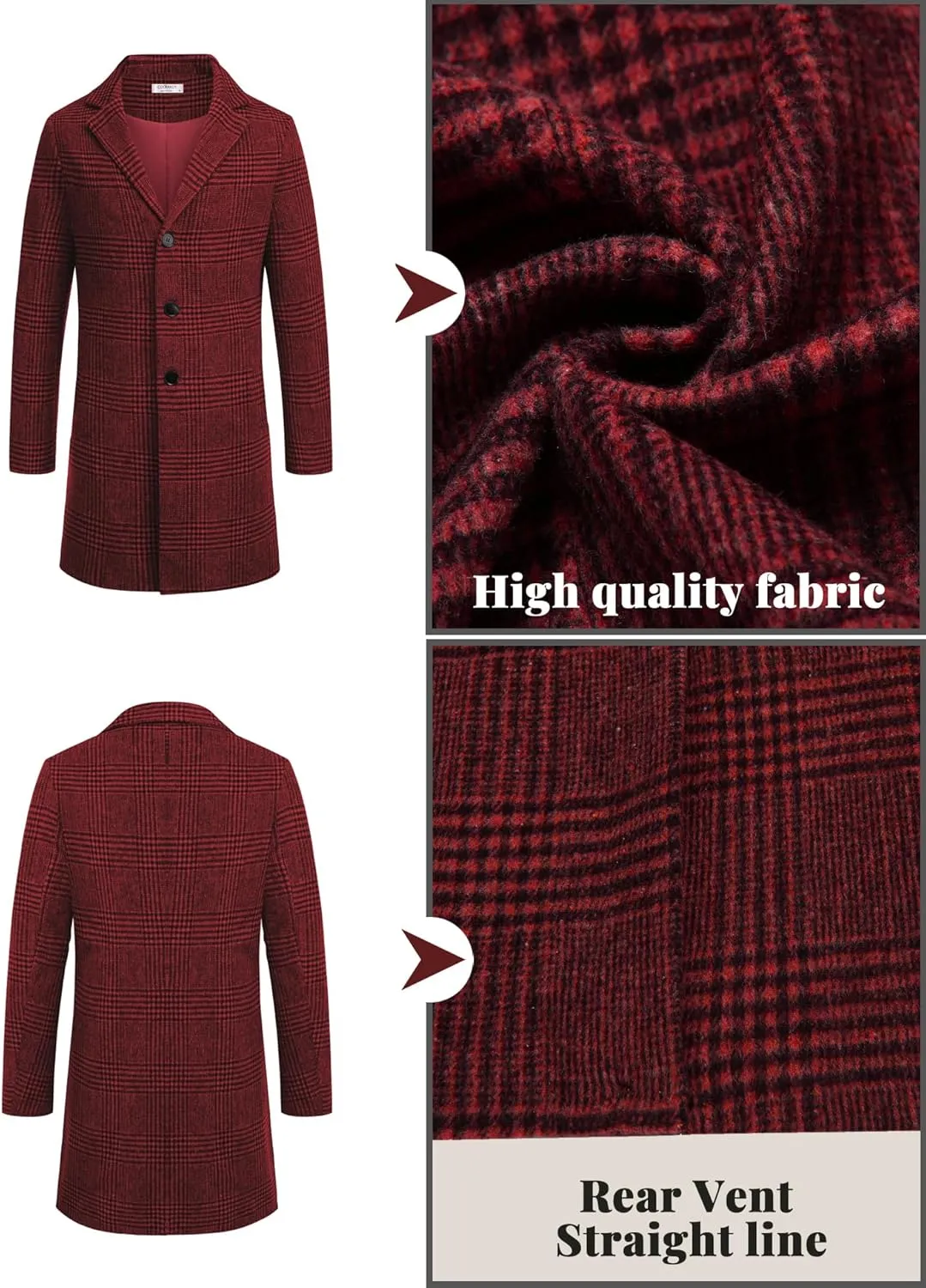 COOFANDY Mens Wool Blend Coat Winter Trench Coats Notched Lapel Collar Single Breasted Overcoat Classic Peacoat With Pockets