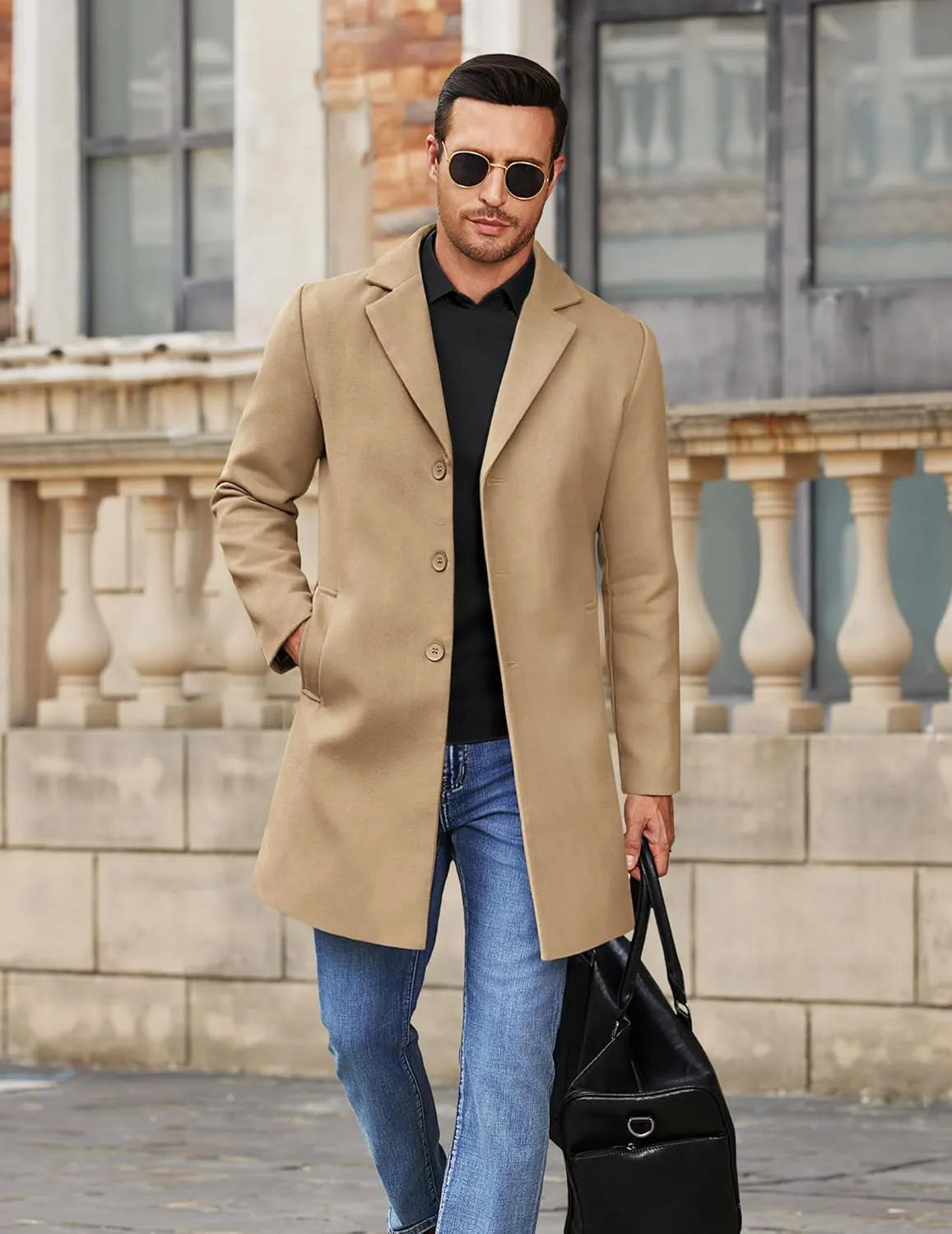COOFANDY Mens Wool Blend Coat Winter Trench Coats Notched Lapel Collar Single Breasted Overcoat Classic Peacoat With Pockets