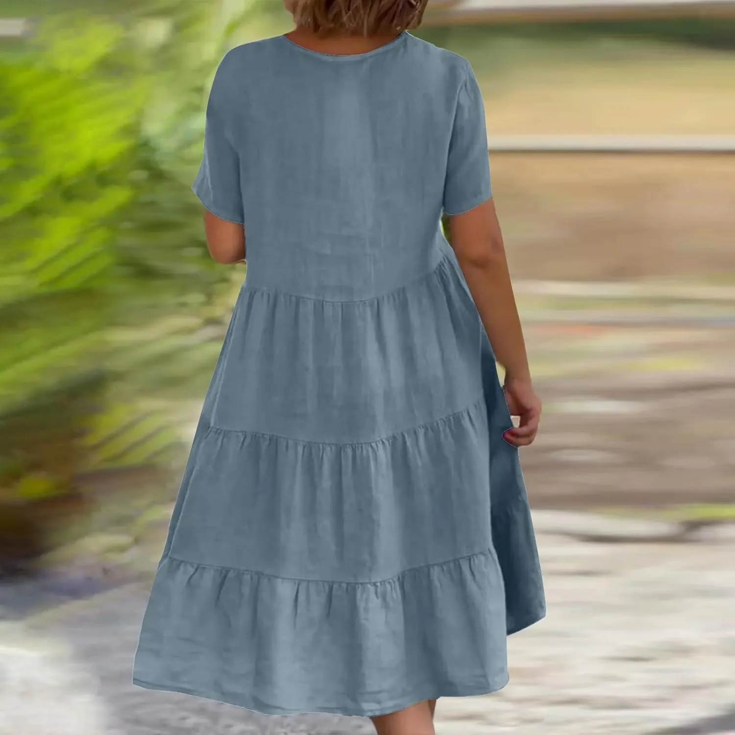 Cotton Linen Summer Dresses for Women 2024 Casual V Neck Short Sleeve Sundress Vintage Solid Pleated Midi Dress