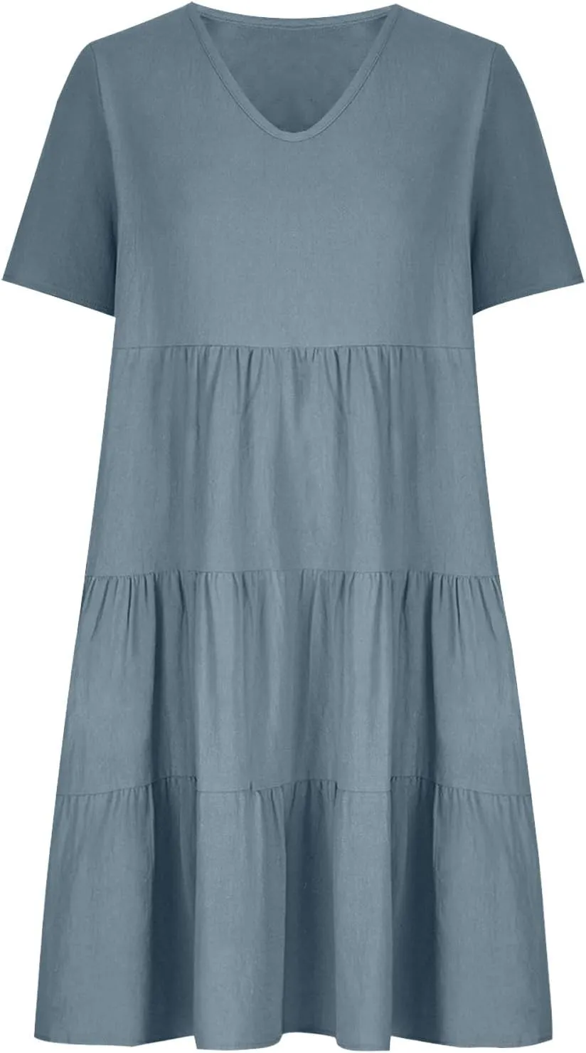 Cotton Linen Summer Dresses for Women 2024 Casual V Neck Short Sleeve Sundress Vintage Solid Pleated Midi Dress