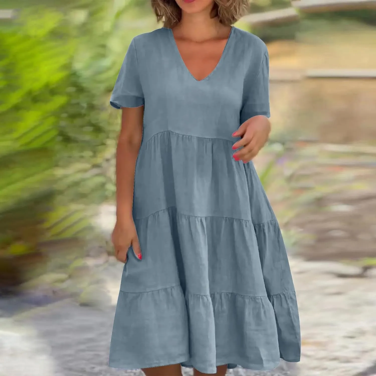 Cotton Linen Summer Dresses for Women 2024 Casual V Neck Short Sleeve Sundress Vintage Solid Pleated Midi Dress