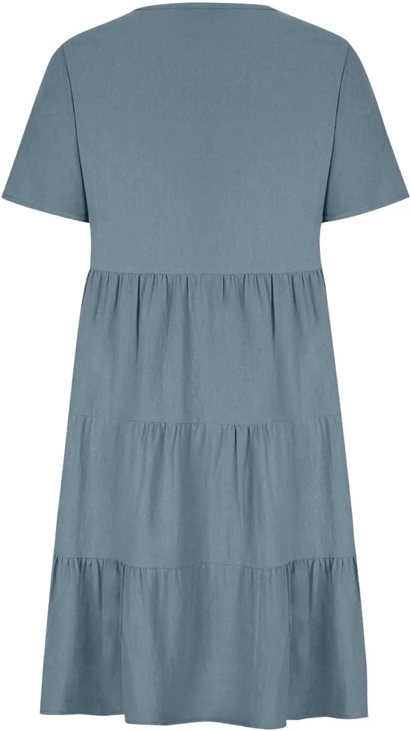 Cotton Linen Summer Dresses for Women 2024 Casual V Neck Short Sleeve Sundress Vintage Solid Pleated Midi Dress