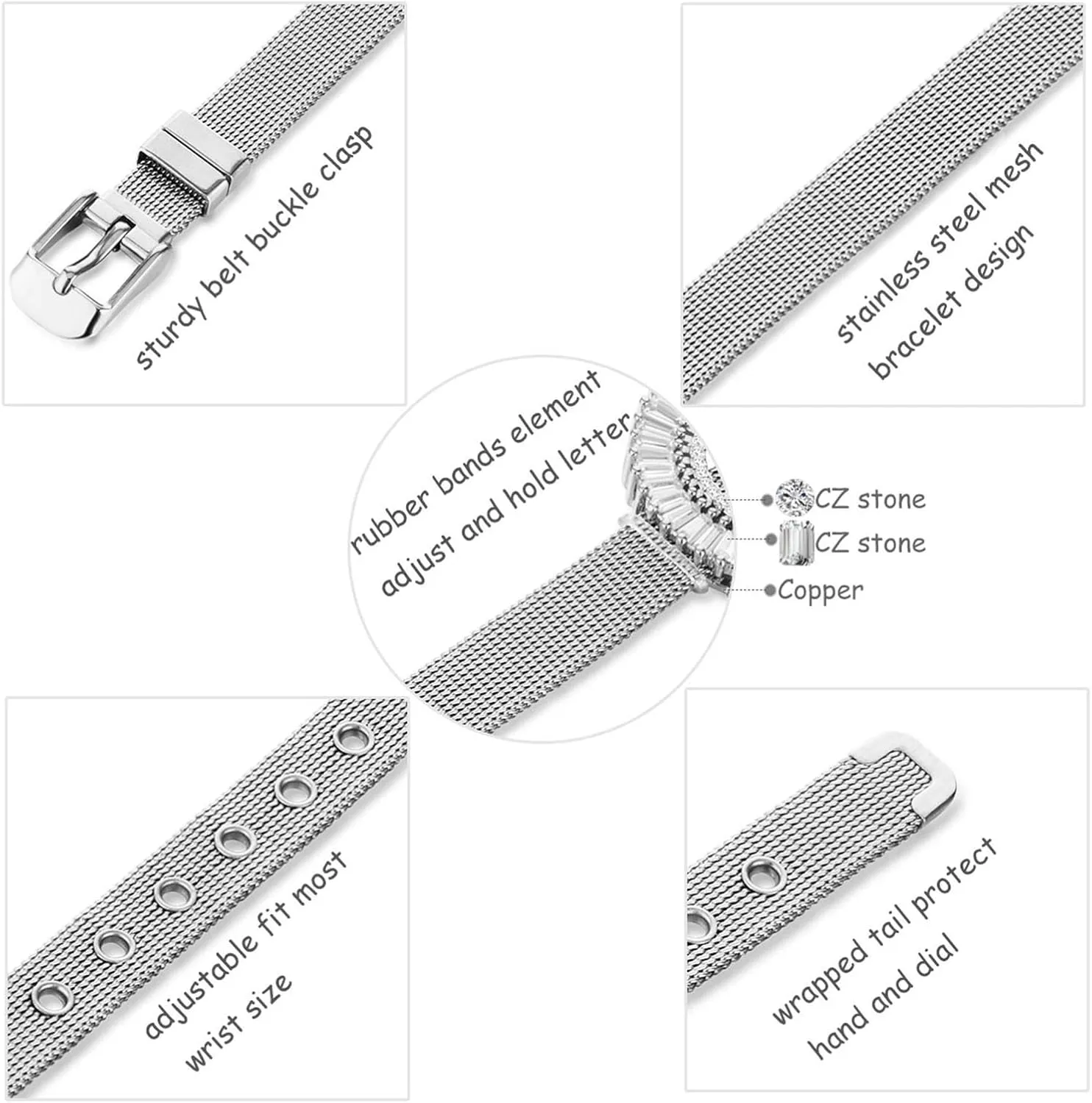 COTTVOTT Women Charms Initial 26 Letters Alphabet Bracelet Bangle Stainless Steel Mesh Belt Buckle Bracelets