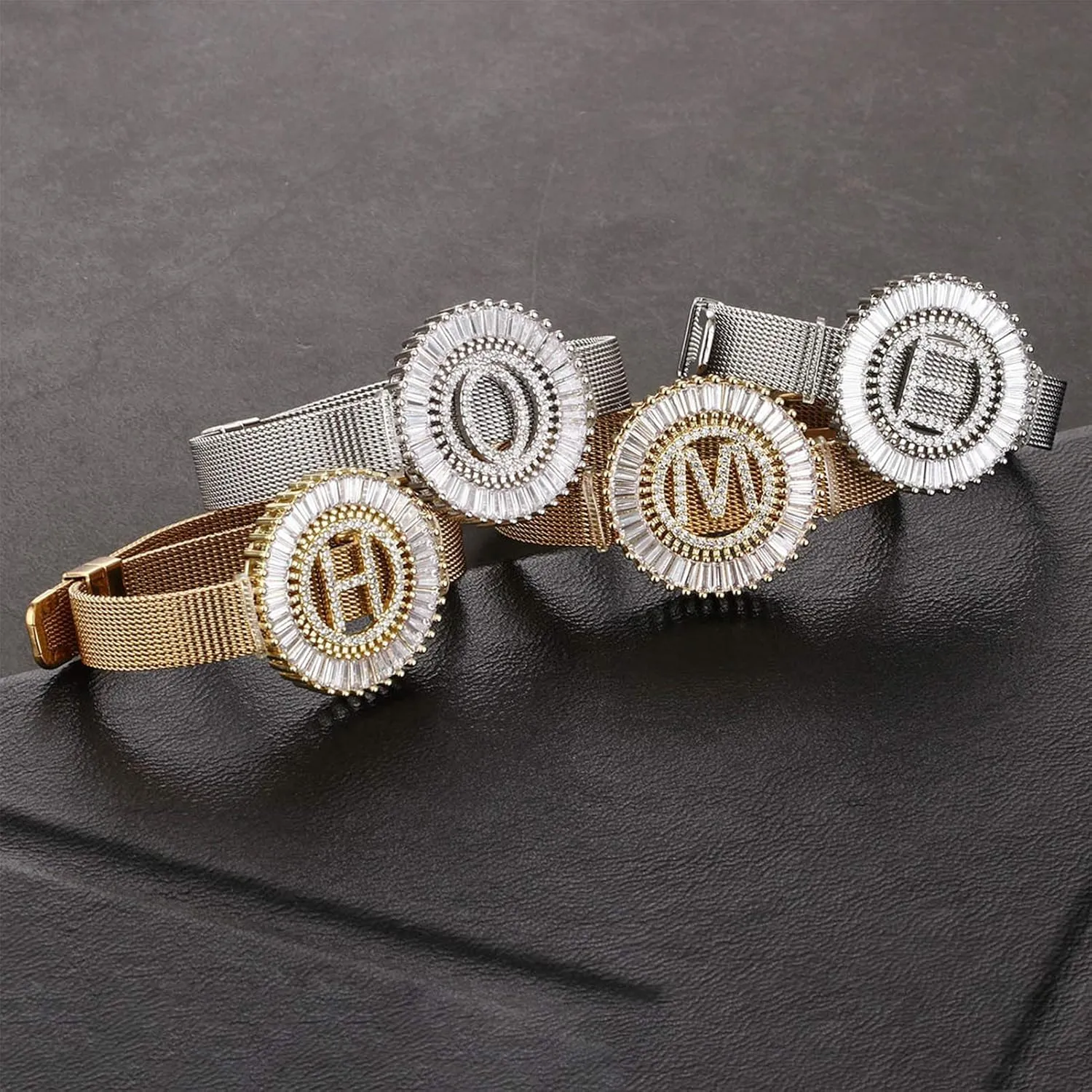 COTTVOTT Women Charms Initial 26 Letters Alphabet Bracelet Bangle Stainless Steel Mesh Belt Buckle Bracelets