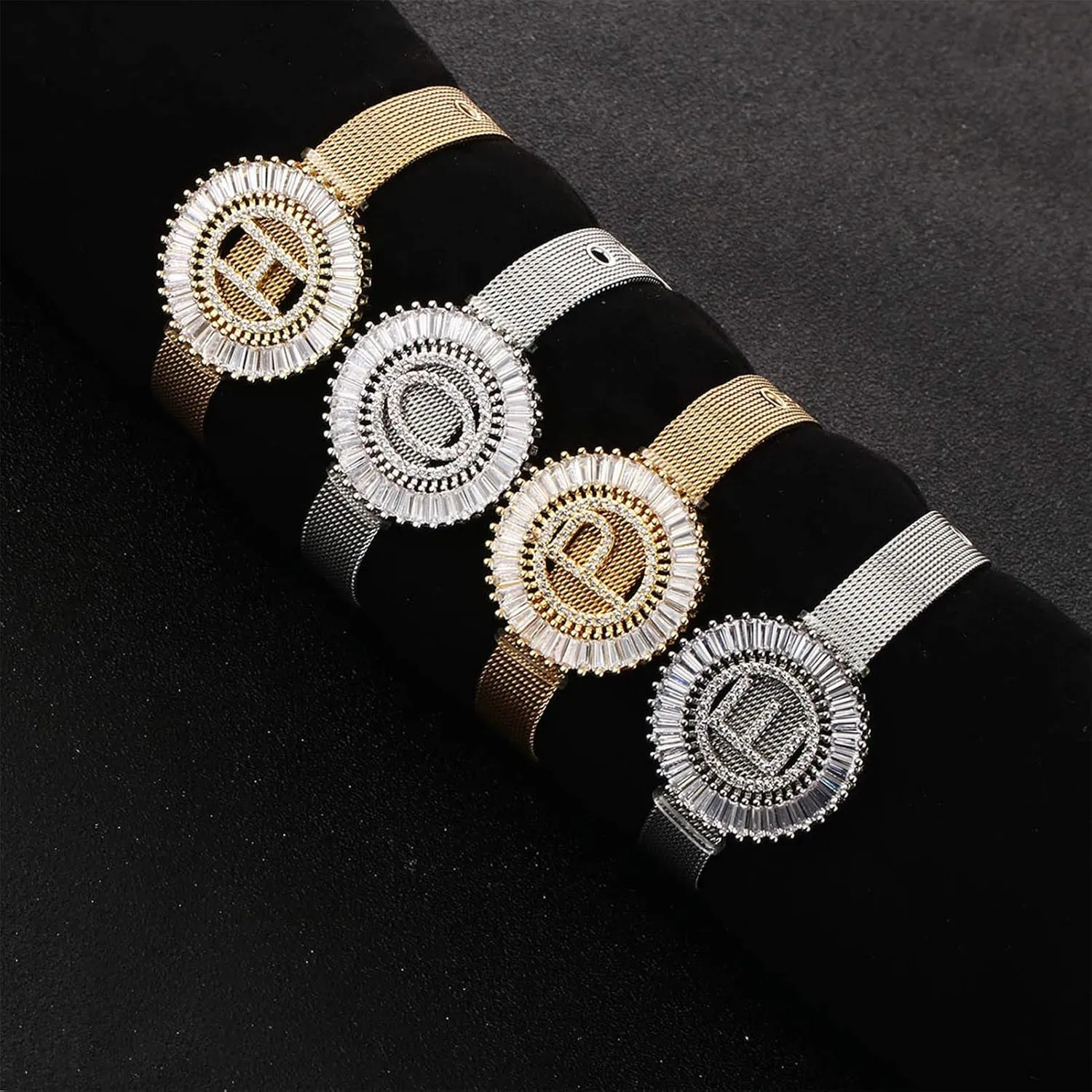 COTTVOTT Women Charms Initial 26 Letters Alphabet Bracelet Bangle Stainless Steel Mesh Belt Buckle Bracelets
