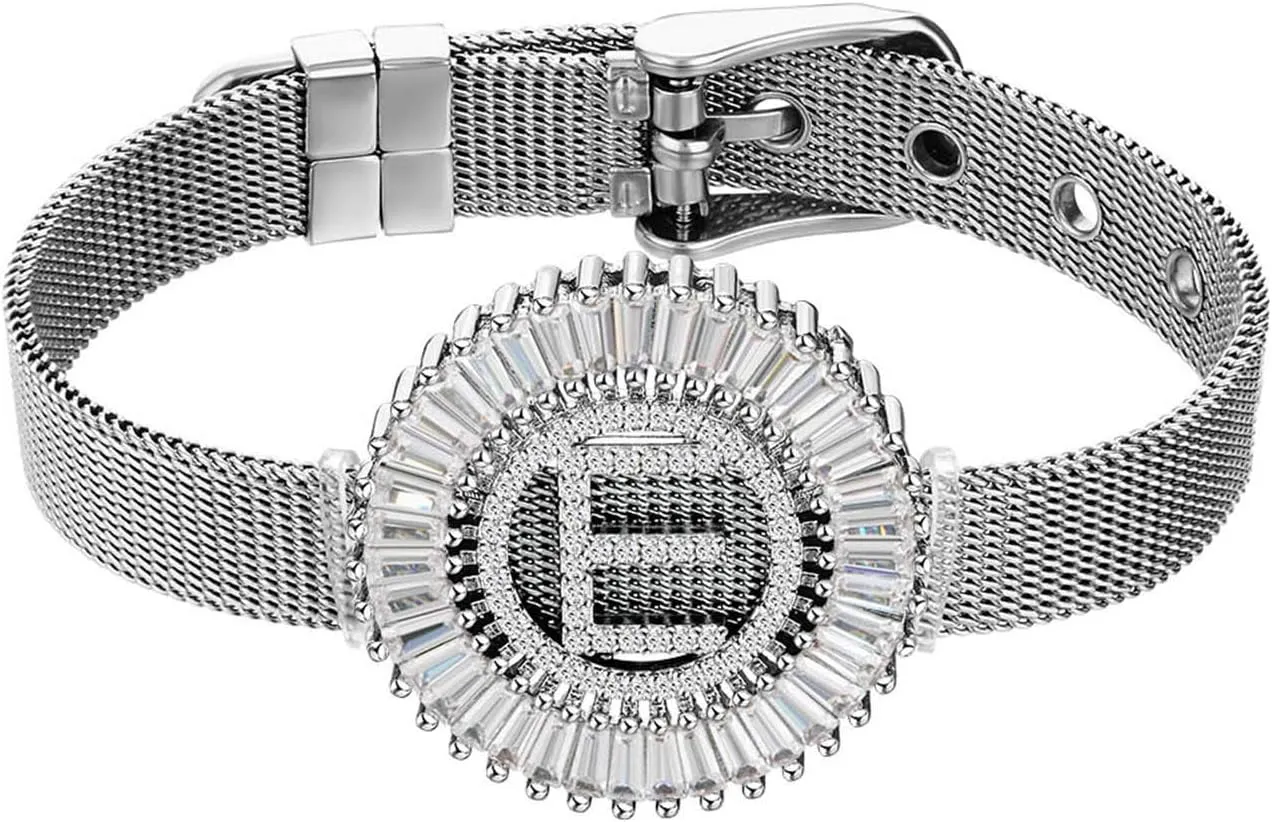 COTTVOTT Women Charms Initial 26 Letters Alphabet Bracelet Bangle Stainless Steel Mesh Belt Buckle Bracelets