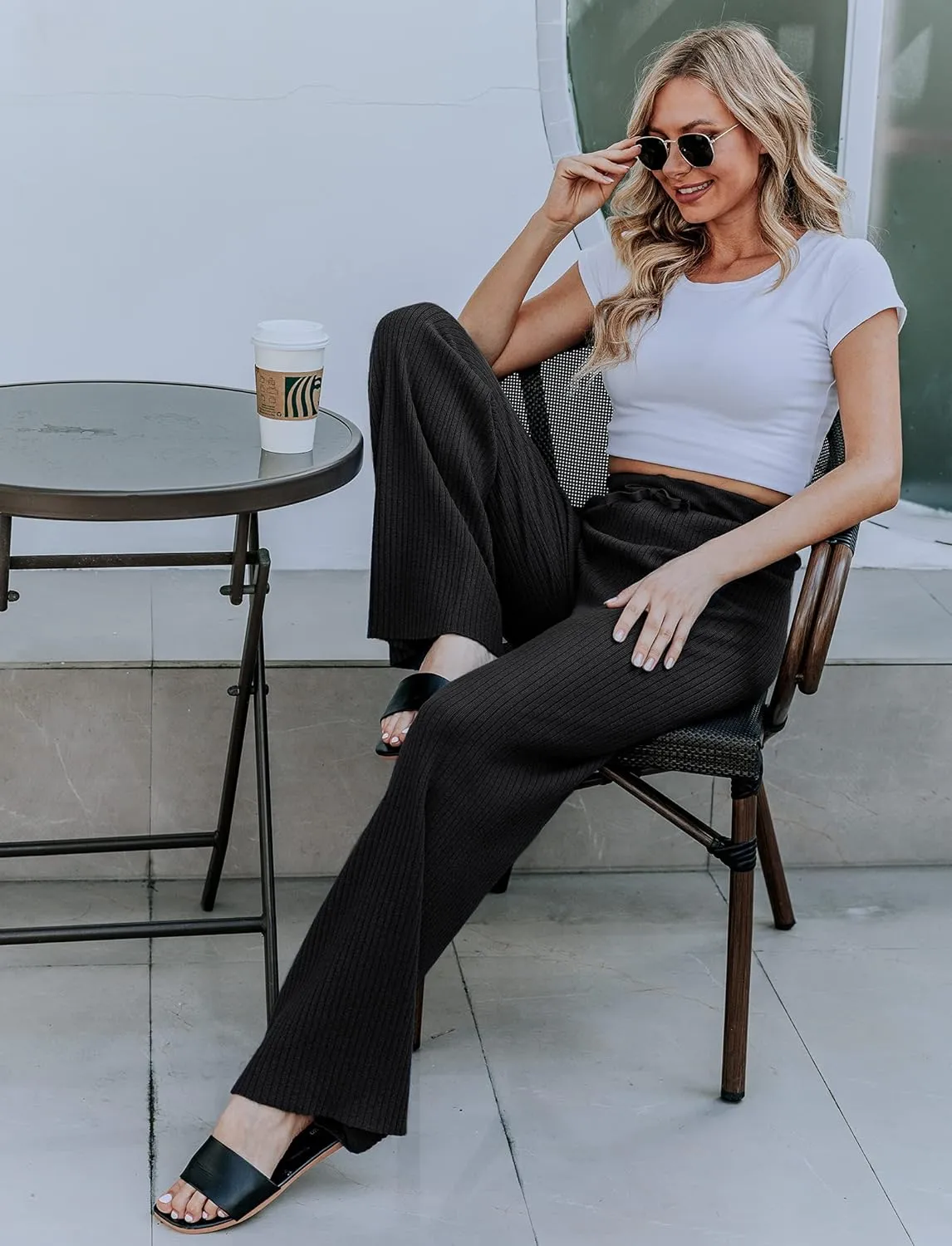 Cowasto Women's Casual Ribbed Knit Pants Elastic Waist Tie Front Wide Leg Sweater Pants