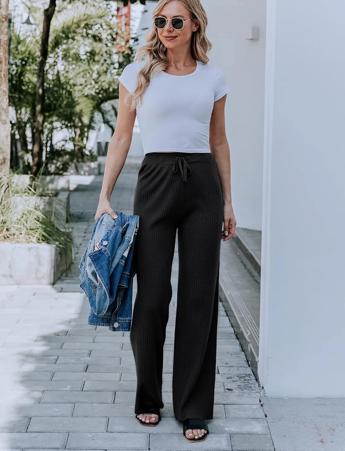 Cowasto Women's Casual Ribbed Knit Pants Elastic Waist Tie Front Wide Leg Sweater Pants