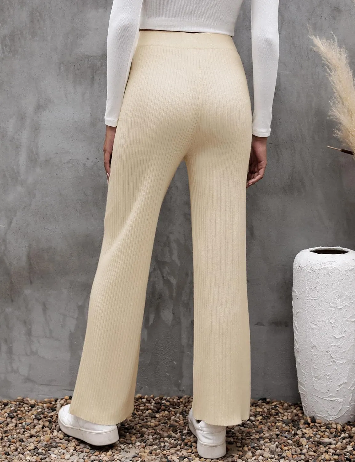 Cowasto Women's Casual Ribbed Knit Pants Elastic Waist Tie Front Wide Leg Sweater Pants