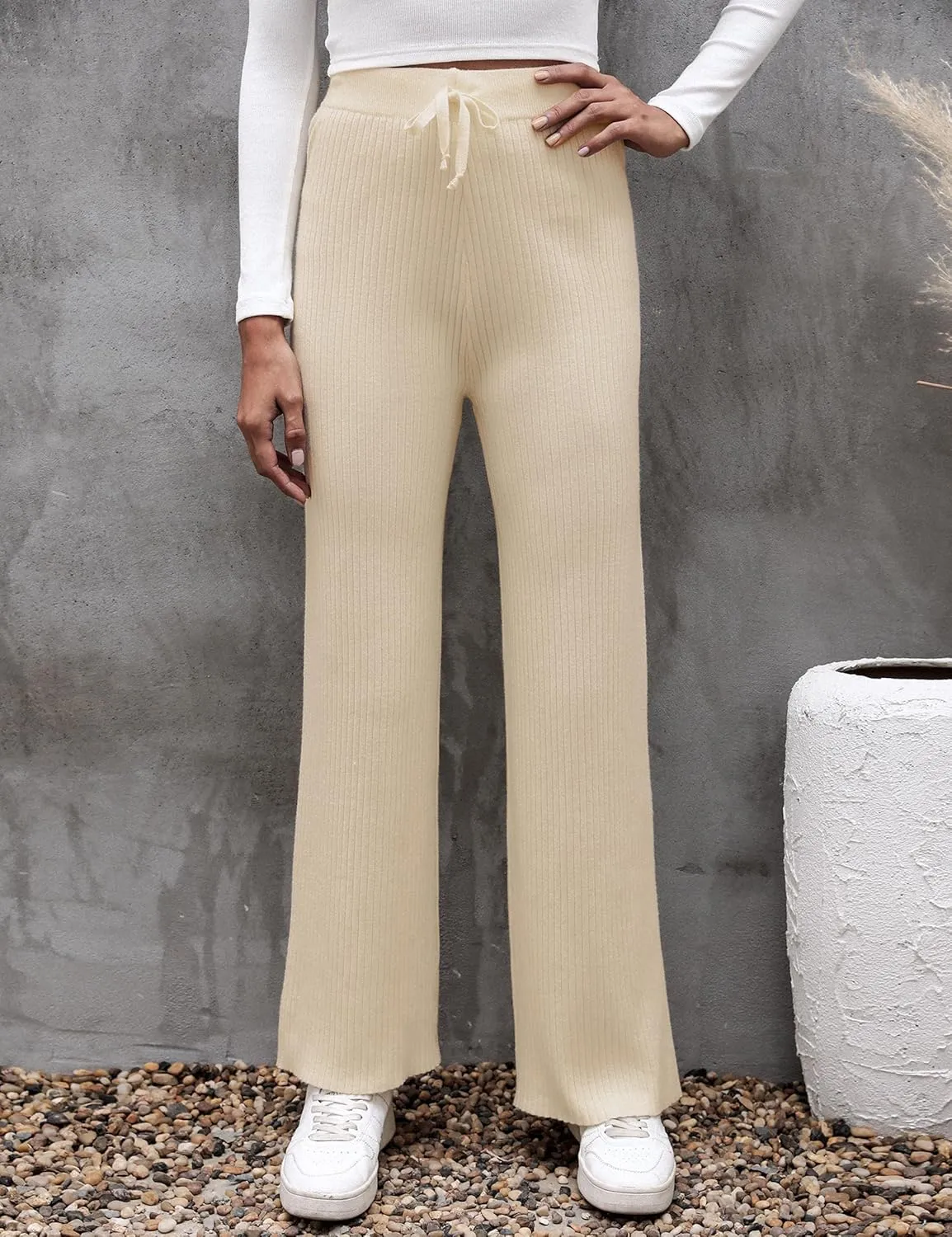 Cowasto Women's Casual Ribbed Knit Pants Elastic Waist Tie Front Wide Leg Sweater Pants