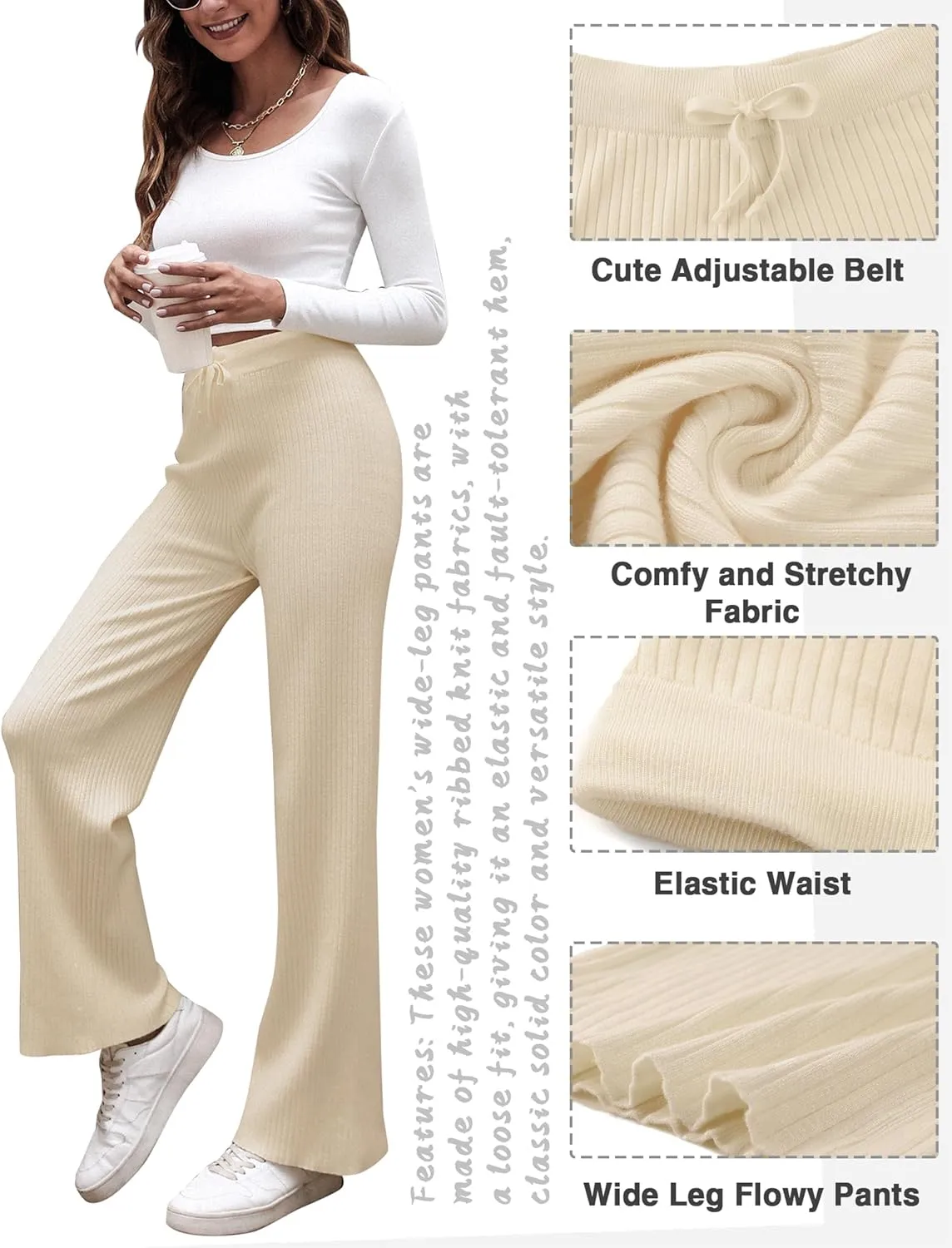 Cowasto Women's Casual Ribbed Knit Pants Elastic Waist Tie Front Wide Leg Sweater Pants