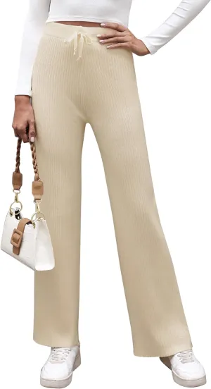 Cowasto Women's Casual Ribbed Knit Pants Elastic Waist Tie Front Wide Leg Sweater Pants