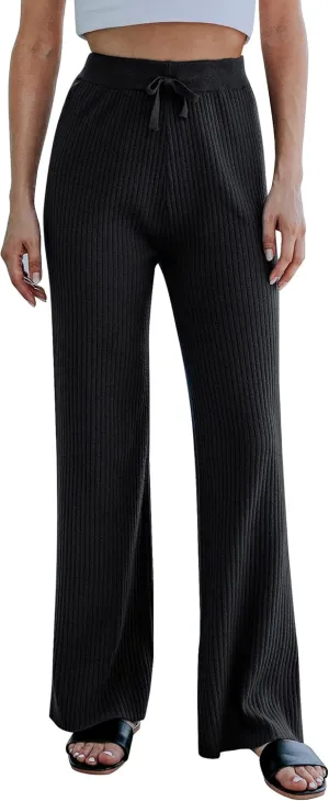Cowasto Women's Casual Ribbed Knit Pants Elastic Waist Tie Front Wide Leg Sweater Pants