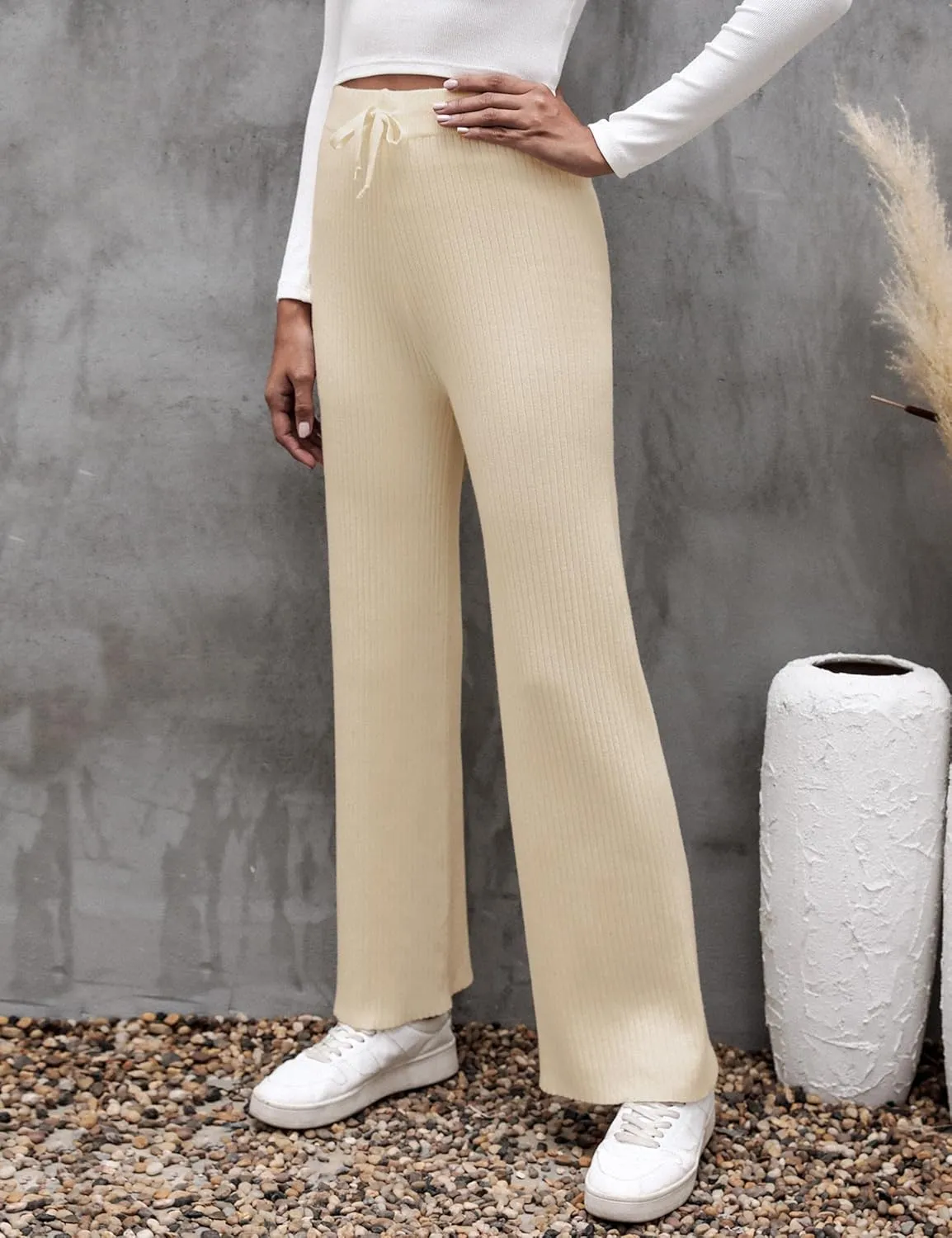 Cowasto Women's Casual Ribbed Knit Pants Elastic Waist Tie Front Wide Leg Sweater Pants
