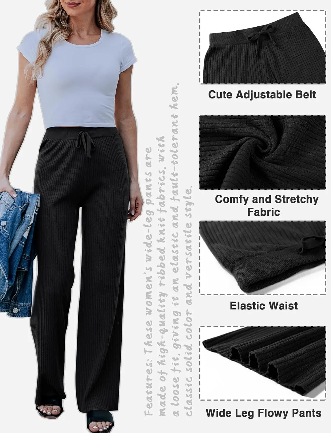 Cowasto Women's Casual Ribbed Knit Pants Elastic Waist Tie Front Wide Leg Sweater Pants