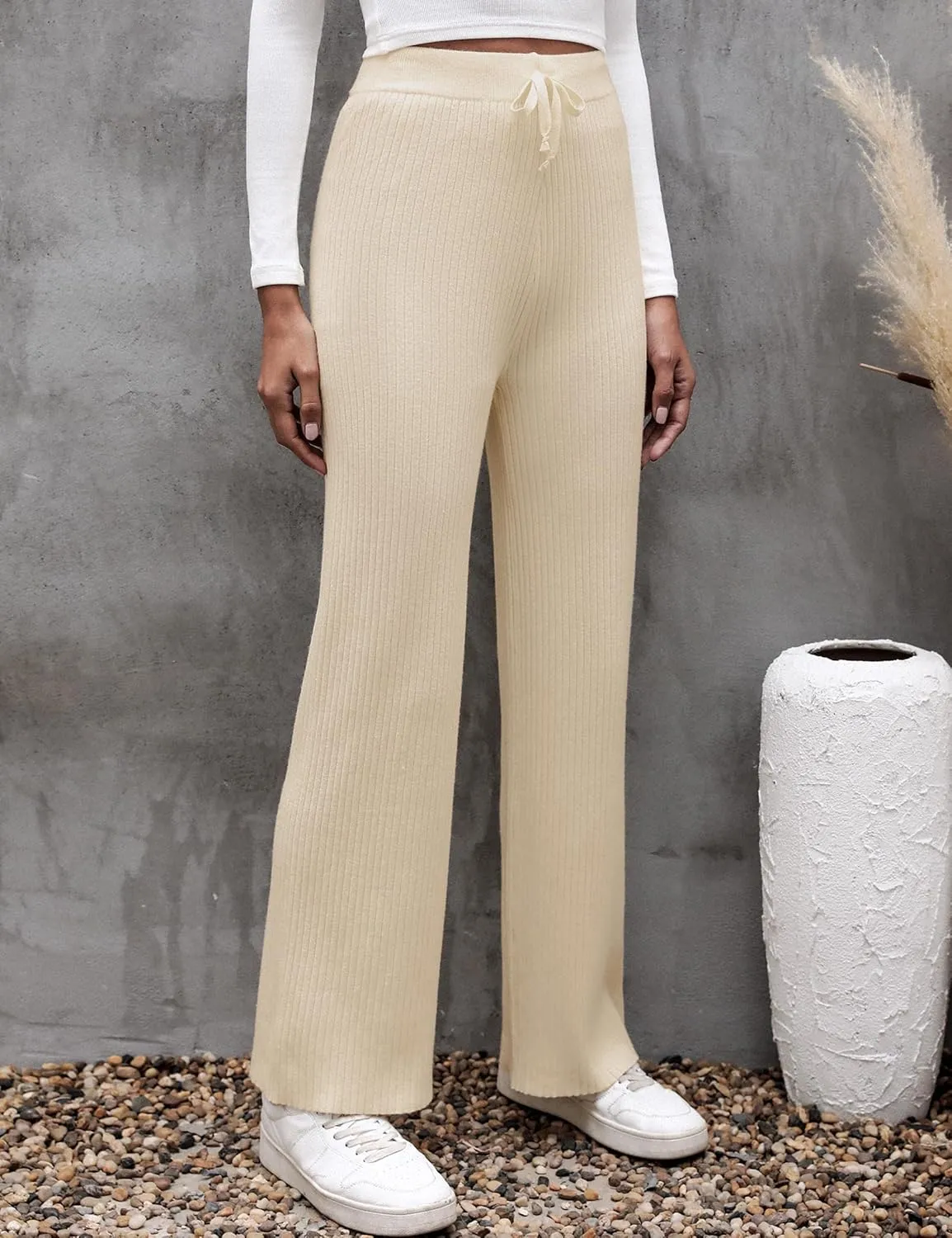 Cowasto Women's Casual Ribbed Knit Pants Elastic Waist Tie Front Wide Leg Sweater Pants