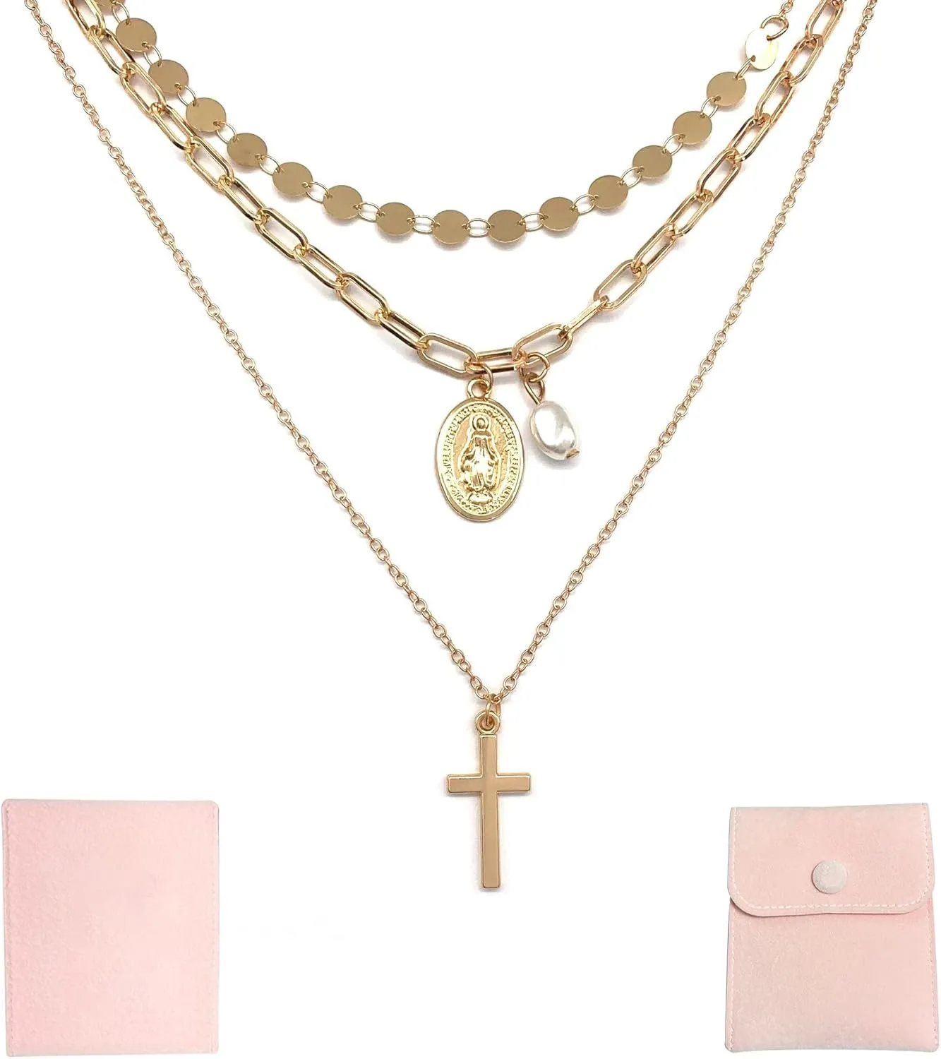 Cross Layered Necklace Pendant Handmade Gold Plated Dainty Multilayer Choker Layering for Women Necklaces Stylish Minimalist Crucifix Pendants Simple Chain Stacked Necklace Jewelry Gifts
