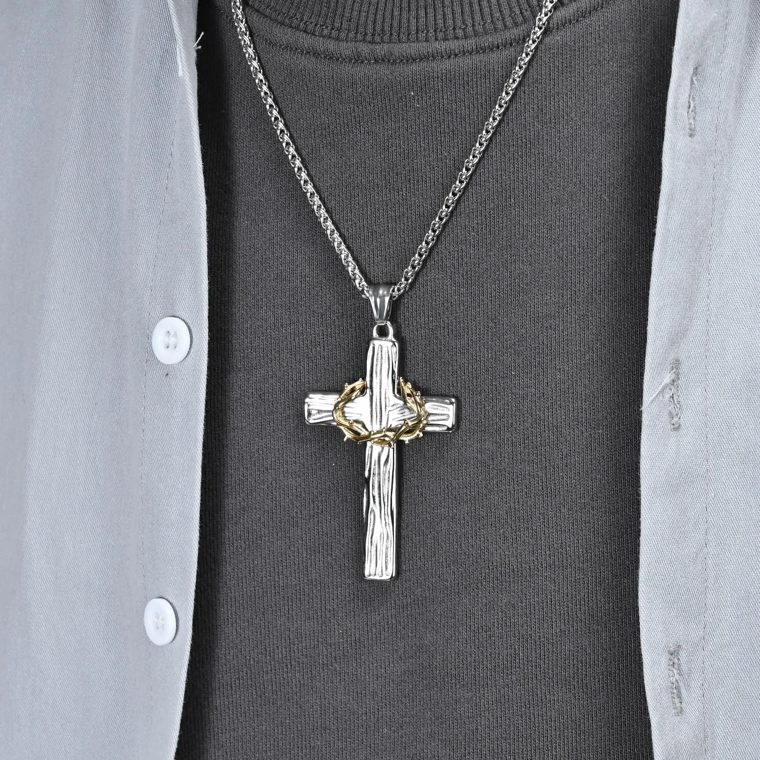 Cross Necklace for Men,Stainless Steel Black Gold Silver Jesus Christ Crucifix Pendant Necklaces Meaningful Religious Jewelry60cm Rolo Chain