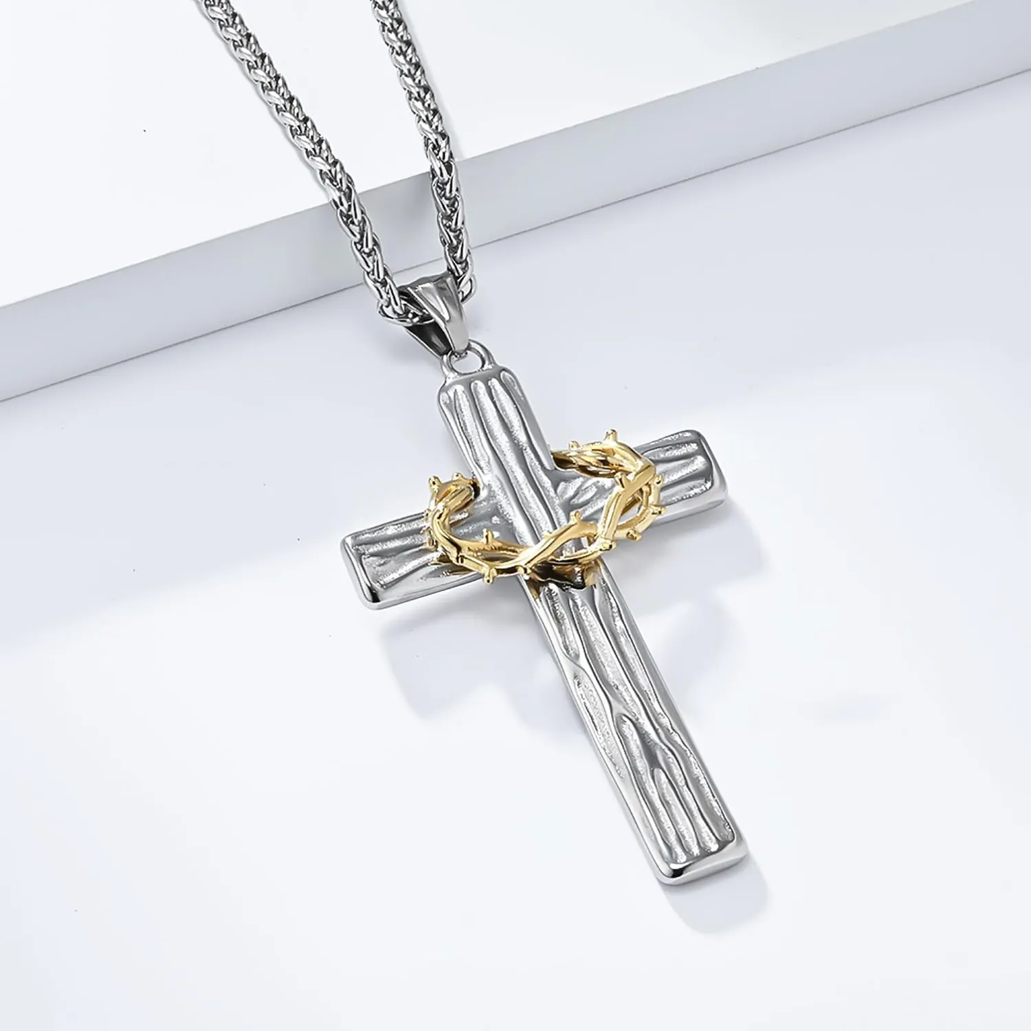 Cross Necklace for Men,Stainless Steel Black Gold Silver Jesus Christ Crucifix Pendant Necklaces Meaningful Religious Jewelry60cm Rolo Chain
