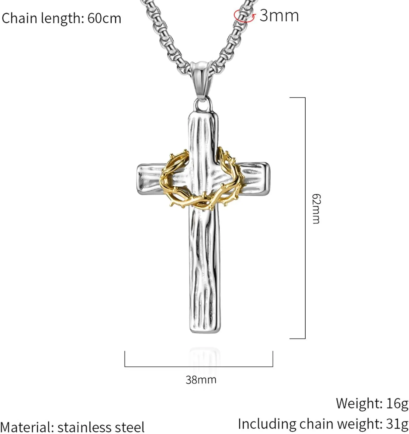 Cross Necklace for Men,Stainless Steel Black Gold Silver Jesus Christ Crucifix Pendant Necklaces Meaningful Religious Jewelry60cm Rolo Chain