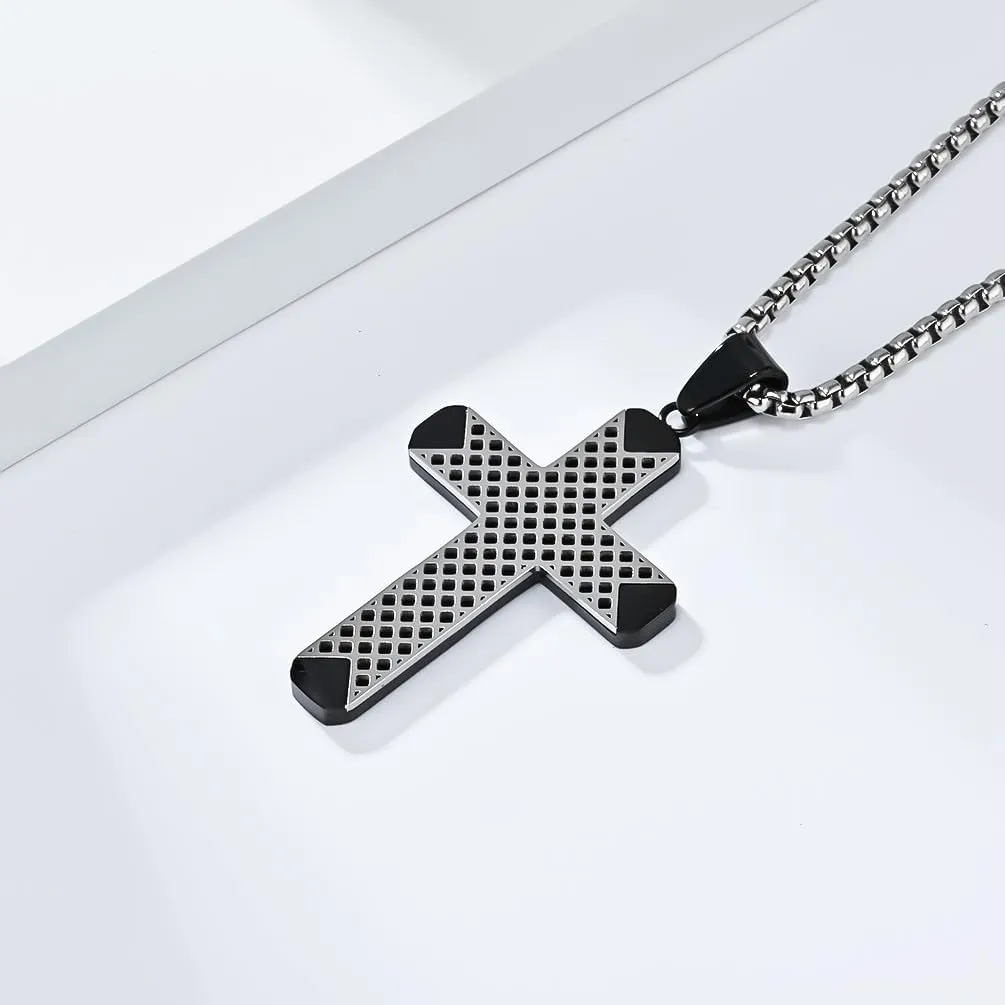 Cross Necklace for Men,Stainless Steel Black Gold Silver Jesus Christ Crucifix Pendant Necklaces Meaningful Religious Jewelry60cm Rolo Chain