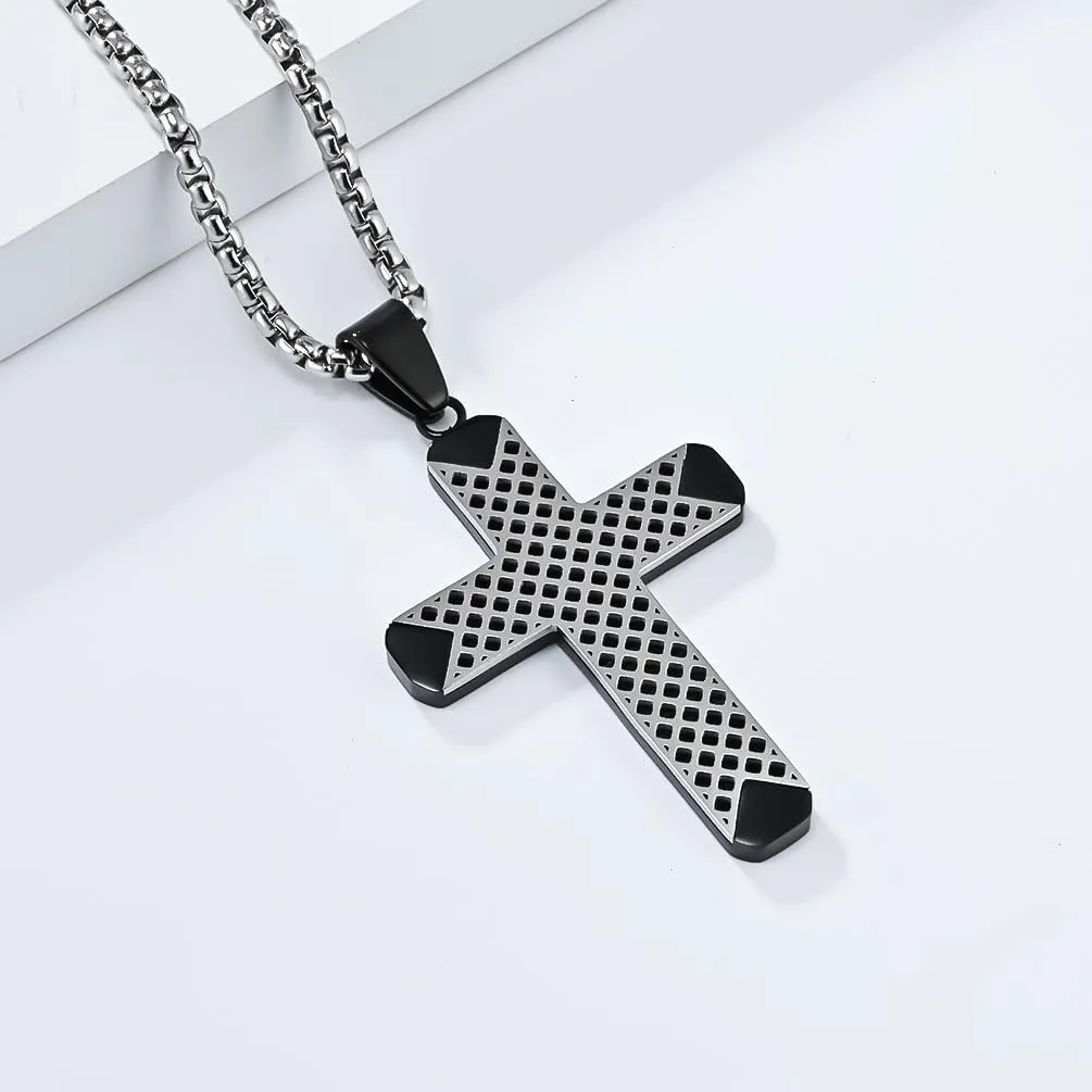 Cross Necklace for Men,Stainless Steel Black Gold Silver Jesus Christ Crucifix Pendant Necklaces Meaningful Religious Jewelry60cm Rolo Chain