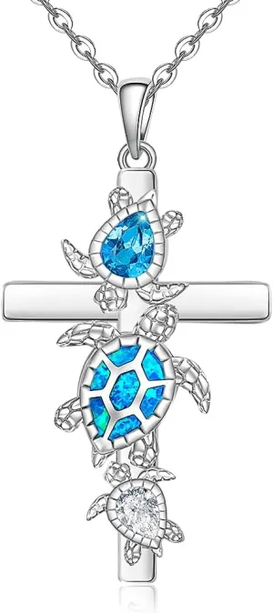 Cross Turtle Necklace for Women Sterling Silver Blue Opal Sea Turtle Necklaces Turtles Pendant Ocean Jewelry Charm Mothers Day Christmas Gifts