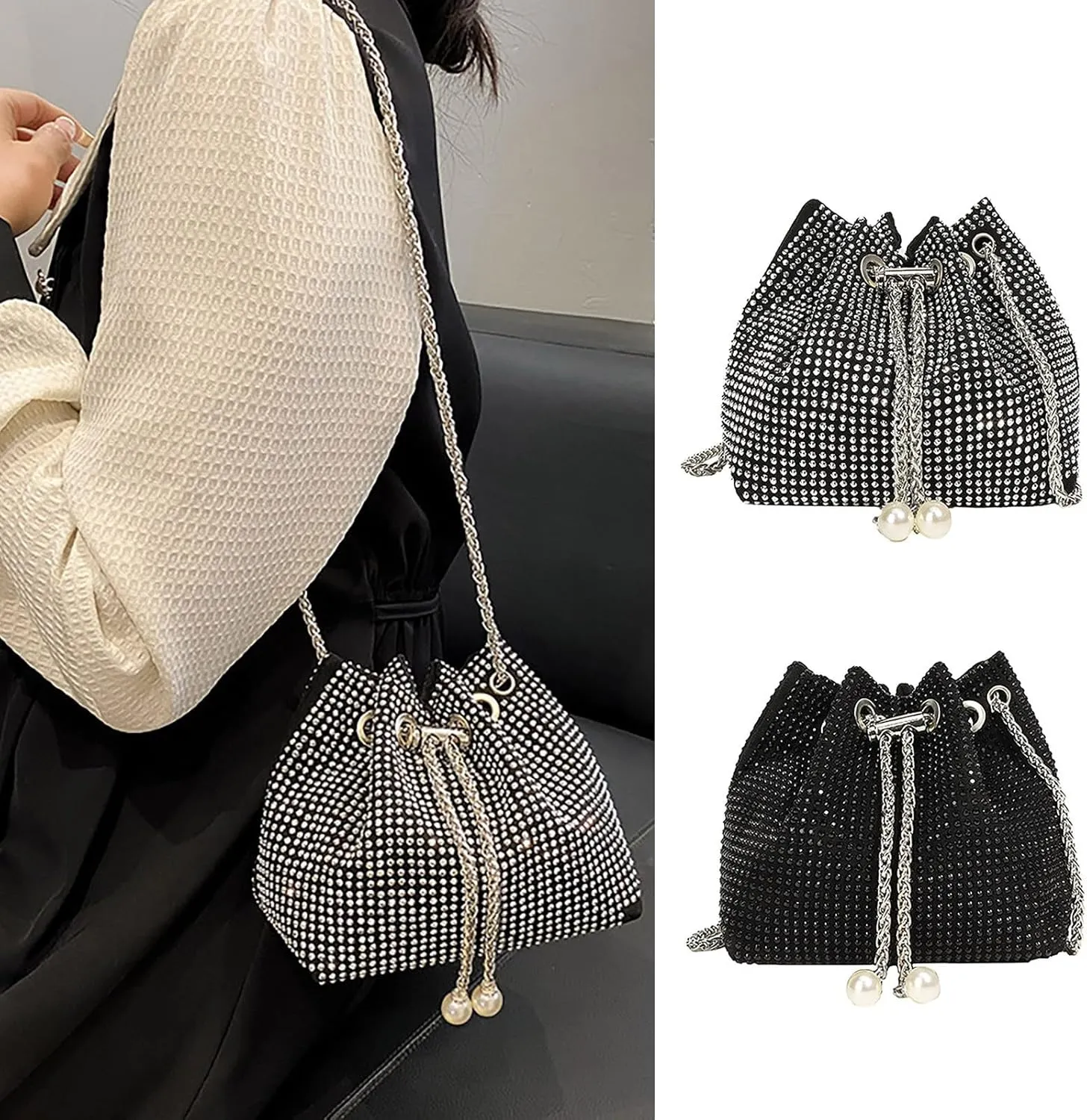 Crossbody Shoulder Evening Bag Shinny Clutch Purse Bucket Pearl Strap Handbag For oss Body Bag Purses for Women