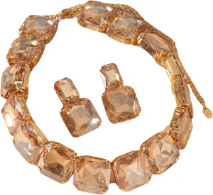 Crystal Statement Necklace and Earring Set, Square Cut Rhinestone Jewelry, Champagne Gold