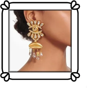 Crystal Tear Drop Gold Eye Pendant Earrings - Eye Crystal and Mouth Design Large Earrings - Women