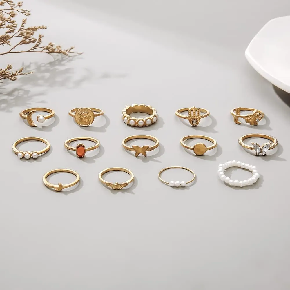 CSIYANJRY99 Gold Bohemian Knuckle Ring Set for Women, Vintage Stacked Delicate Knuckle Finger Gold Jewelry Set With Star-moon Butterfly and Sparkling Crystal Rhinestone Ring